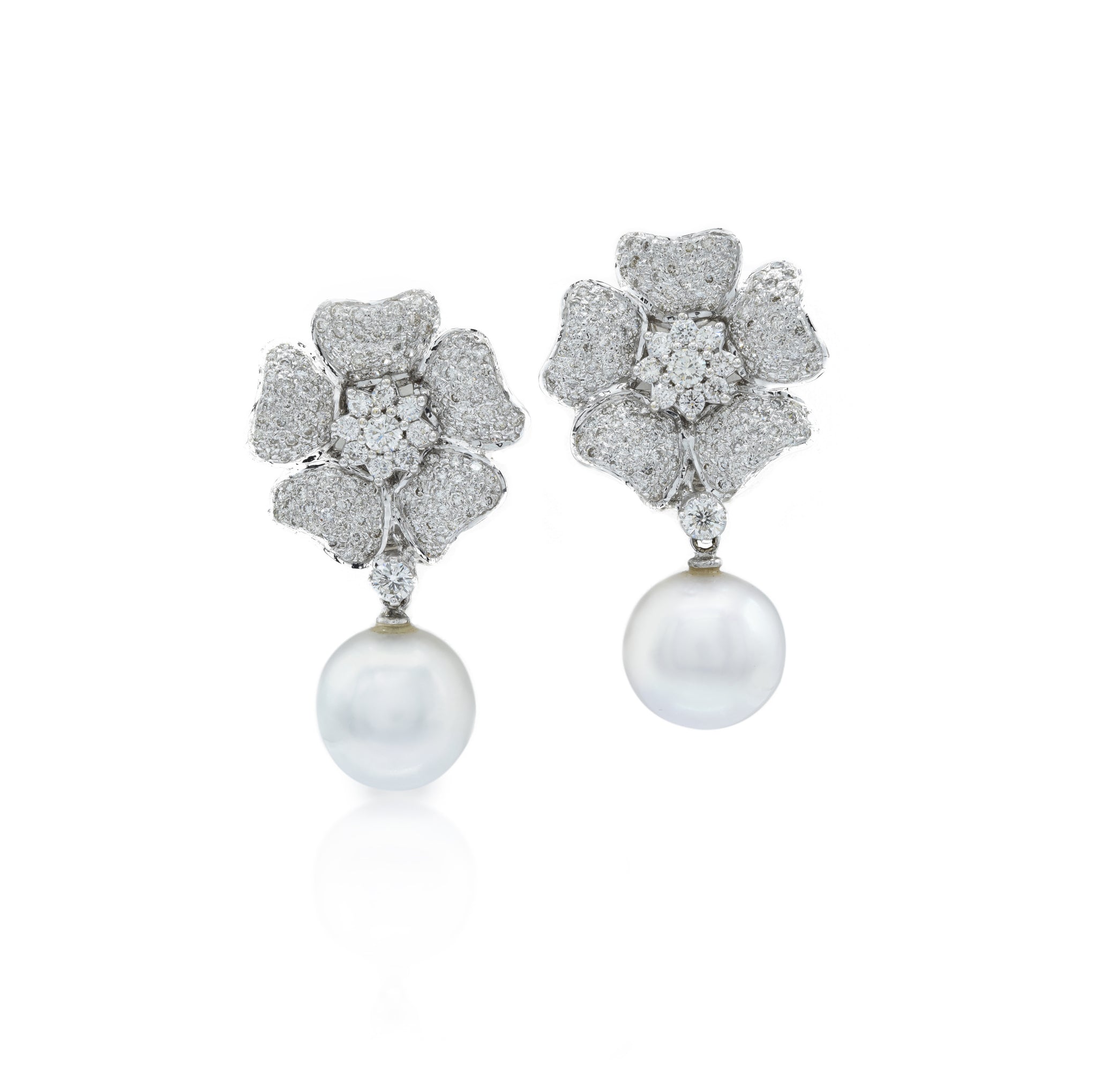 Estate 18KT White Gold Diamond South Sea Pearl Drop Earrings