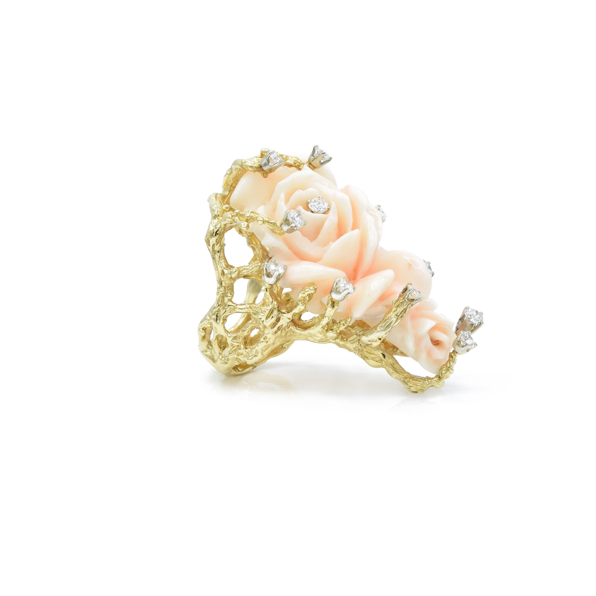 Estate 18KT Yellow Gold Coral Rose Flower Ring