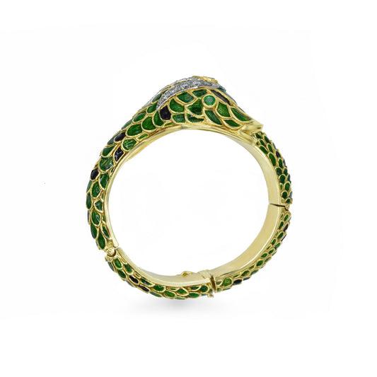 Estate 18KT Gold Snake Enamel, Diamond and Ruby Bangle