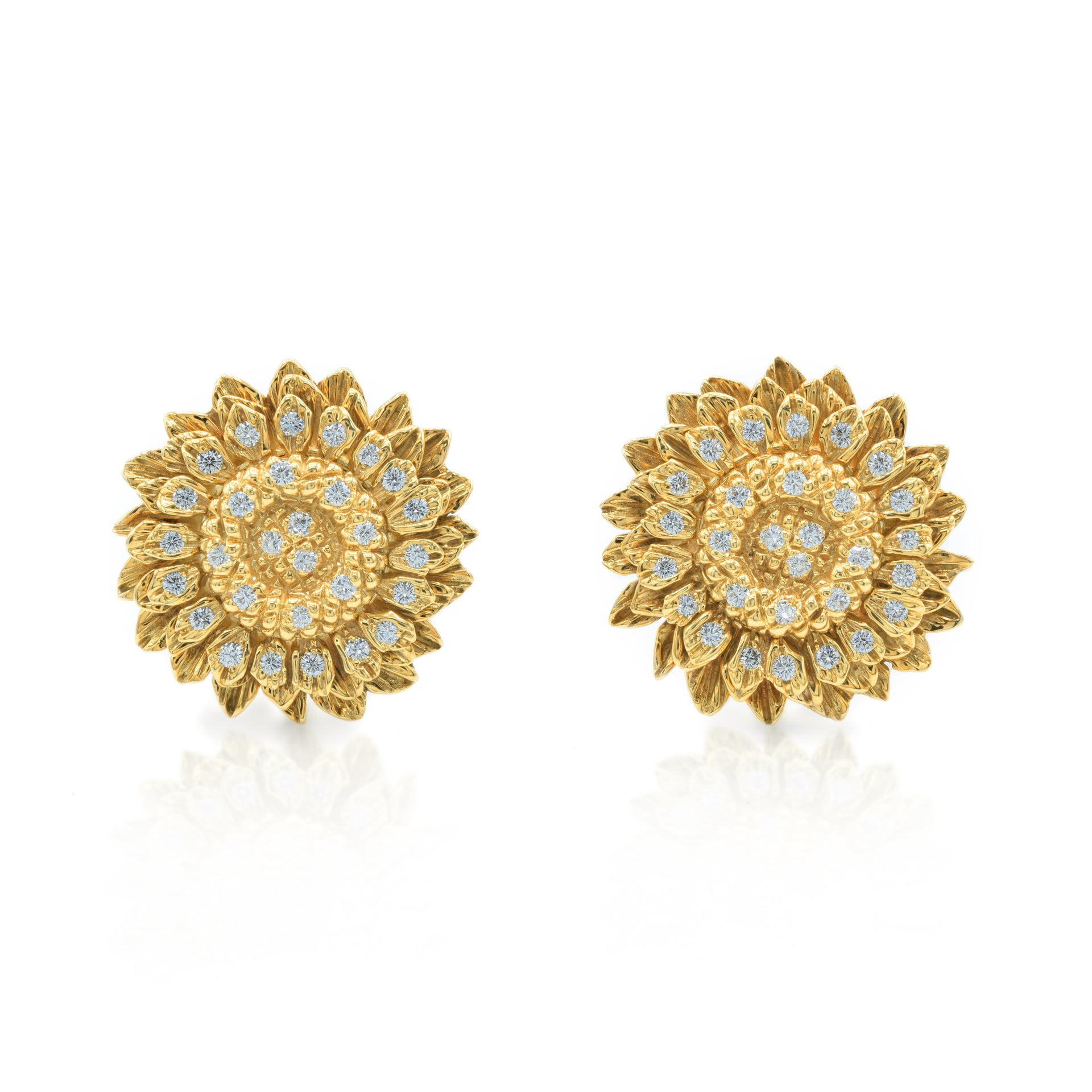 Estate 1960s 18KT Gold And Diamond Sunflower Earrings