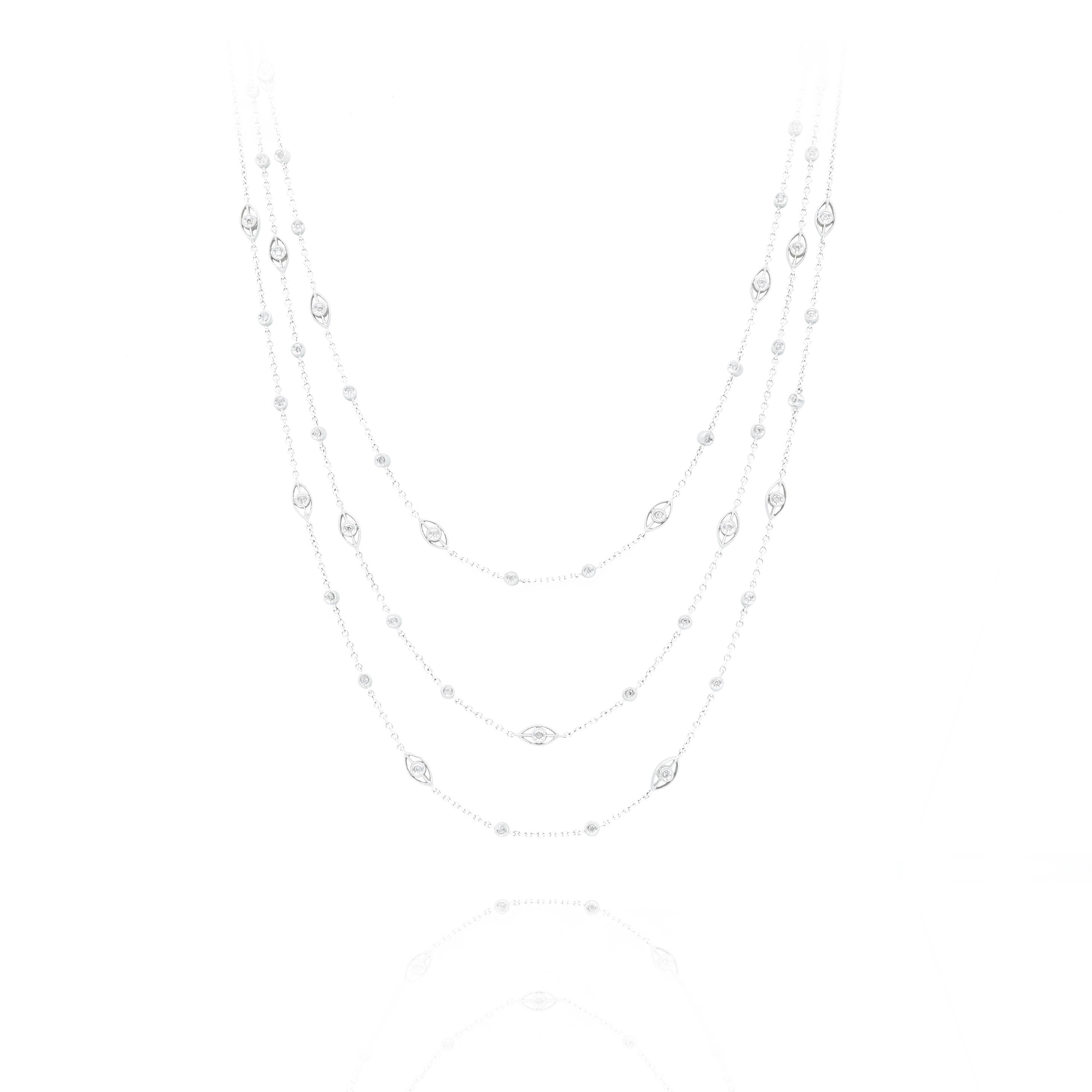 14KT White Gold Diamond Scattered Triple Strand Necklace