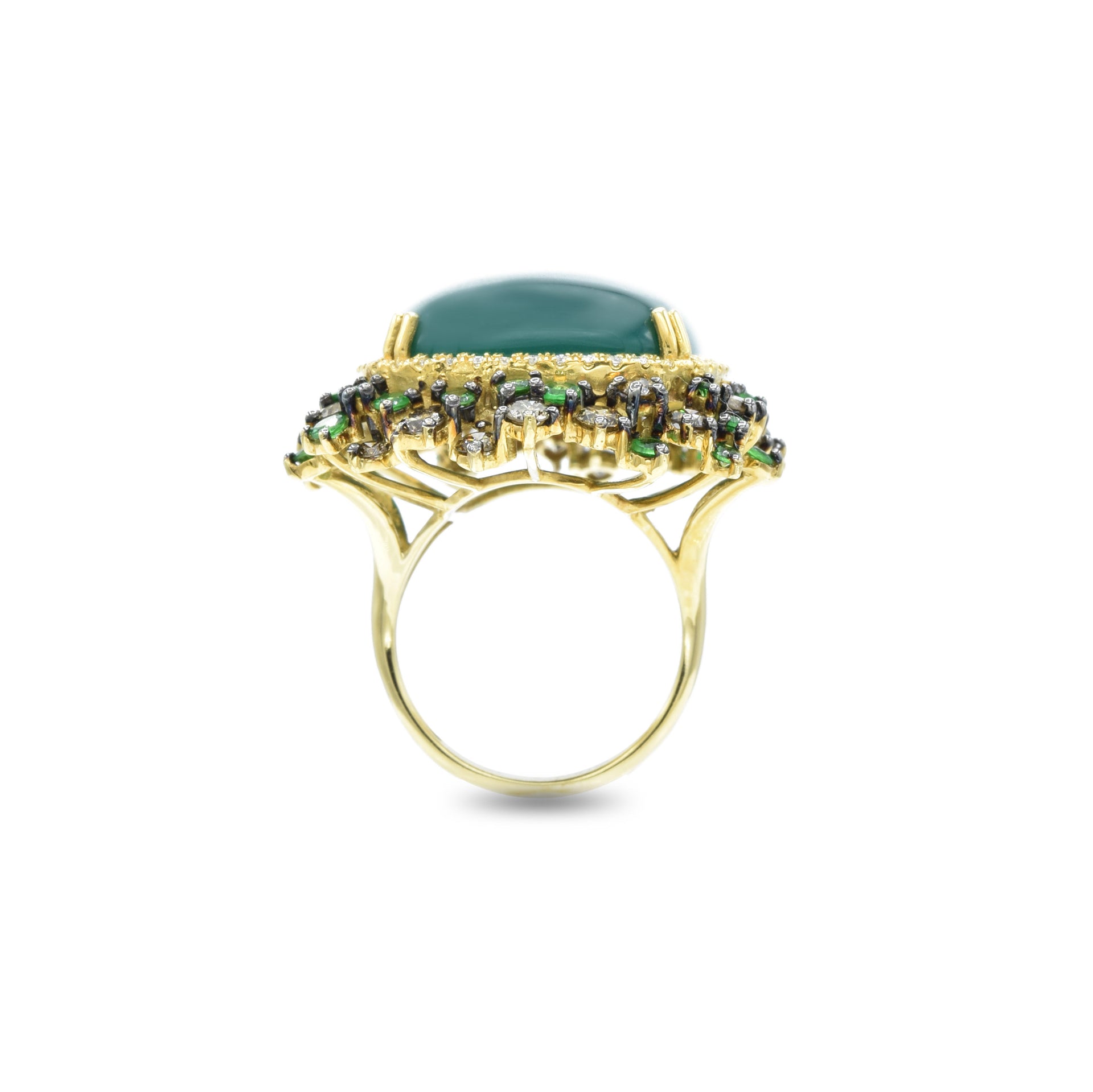 18kt Yellow Gold Green Agate Ring with Tsavorite and Champagne Diamonds