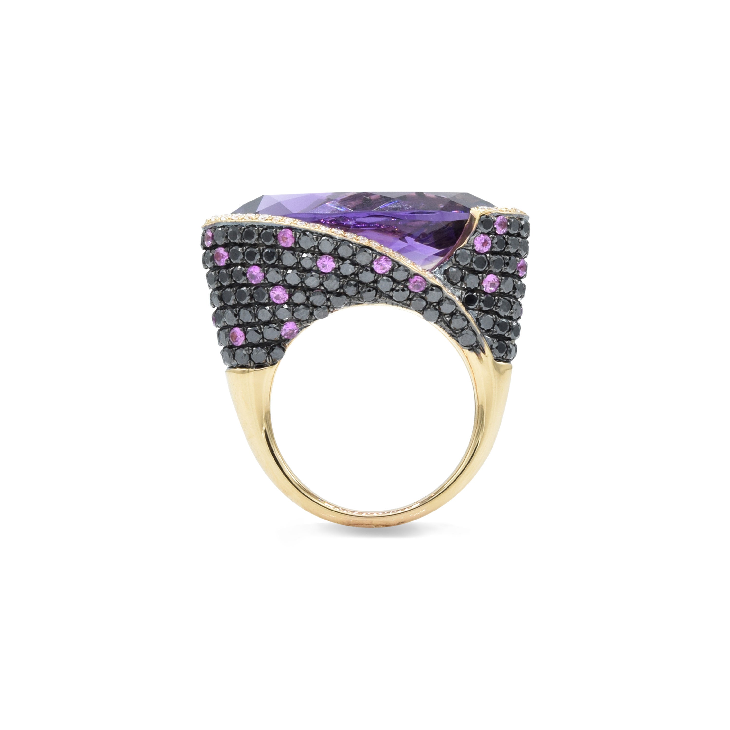 18KT Rose Gold Amethyst, Pink Sapphire, Black And White Diamond Ring