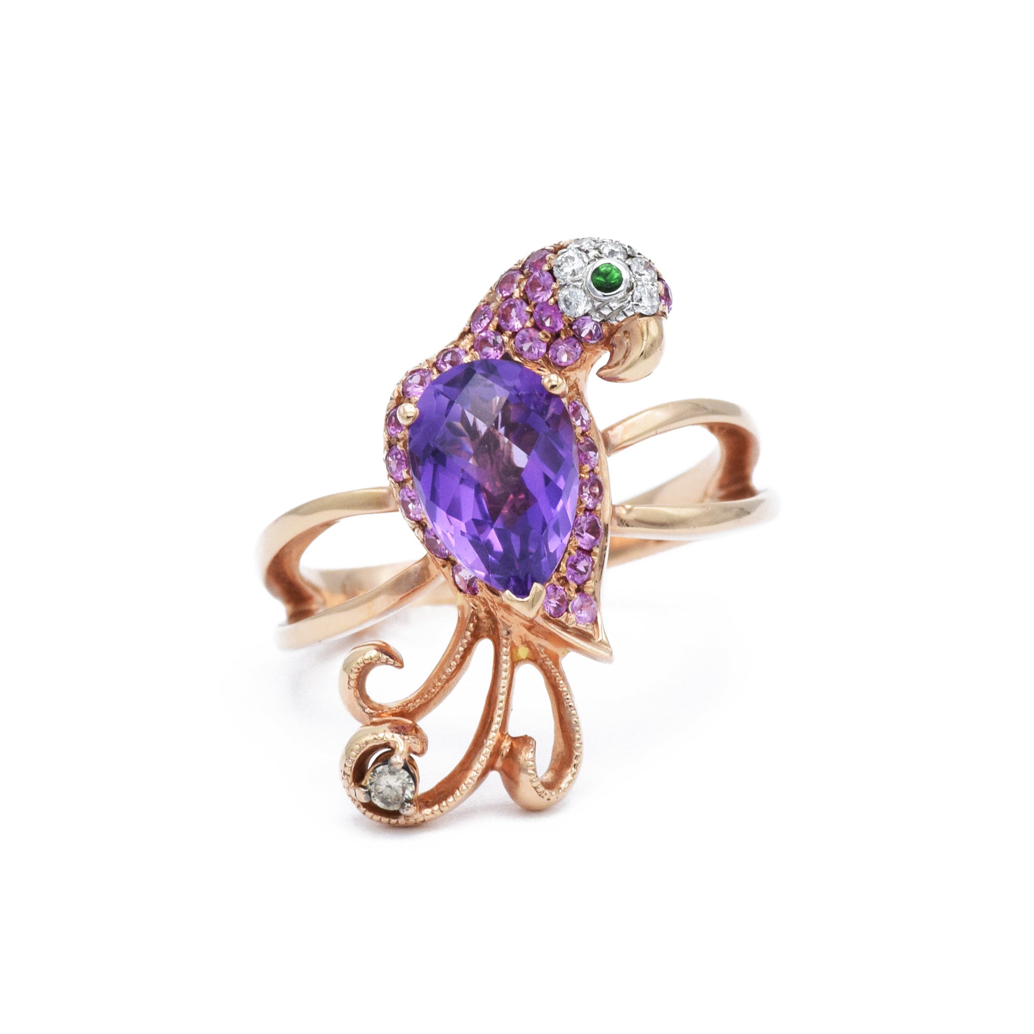 Parrot Ring with Amethyst, Sapphires, and Diamonds