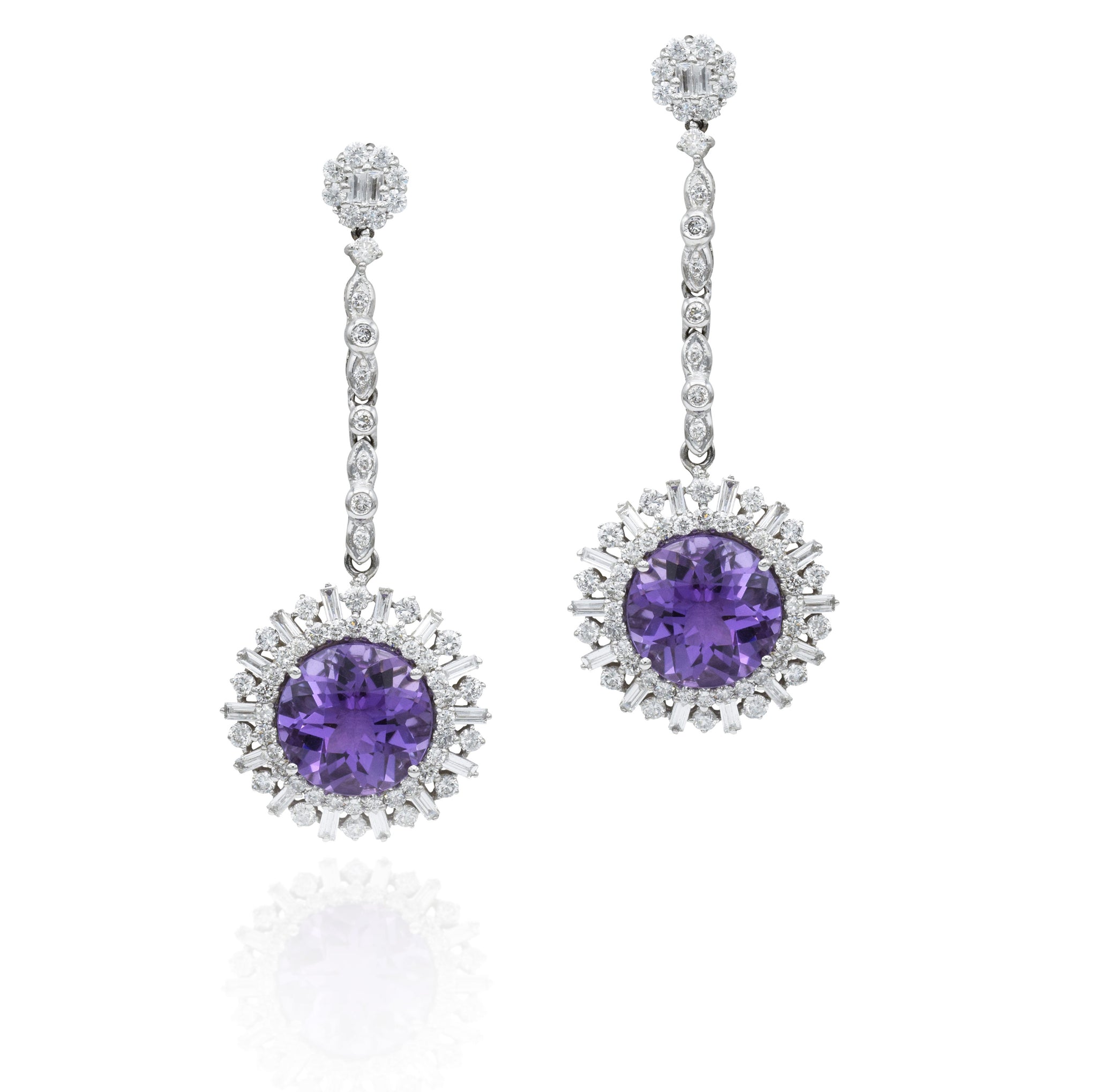18KT White Gold Amethyst And Diamond Circle Drop Earrings