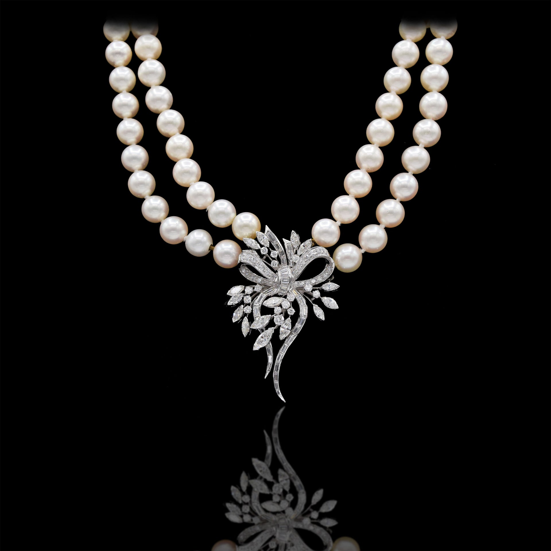 Estate Japanese Akoya Pearl, Platinum, and Diamond Necklace/Brooch