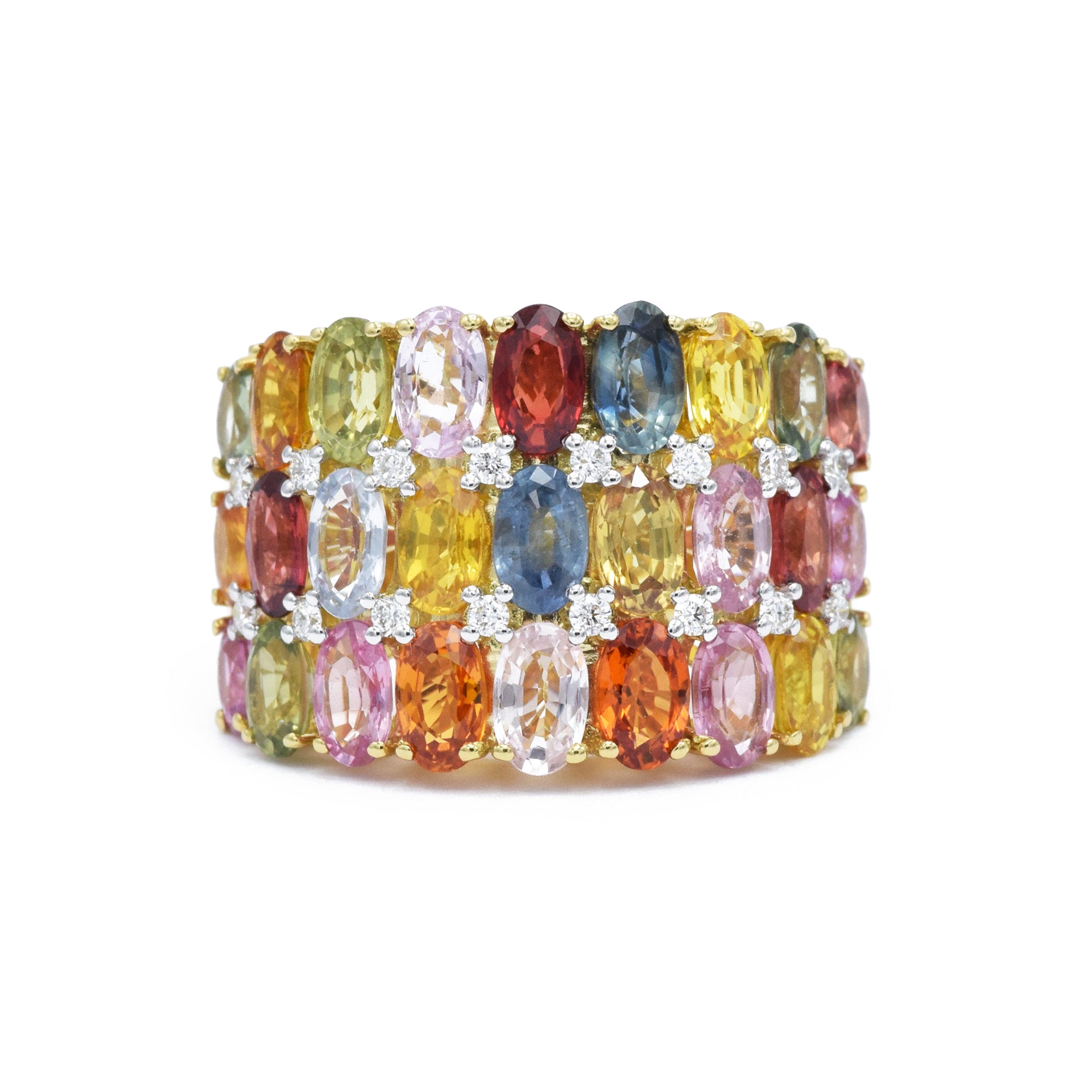 18KT Gold, Multi-Color Sapphire, Triple-Row Ring