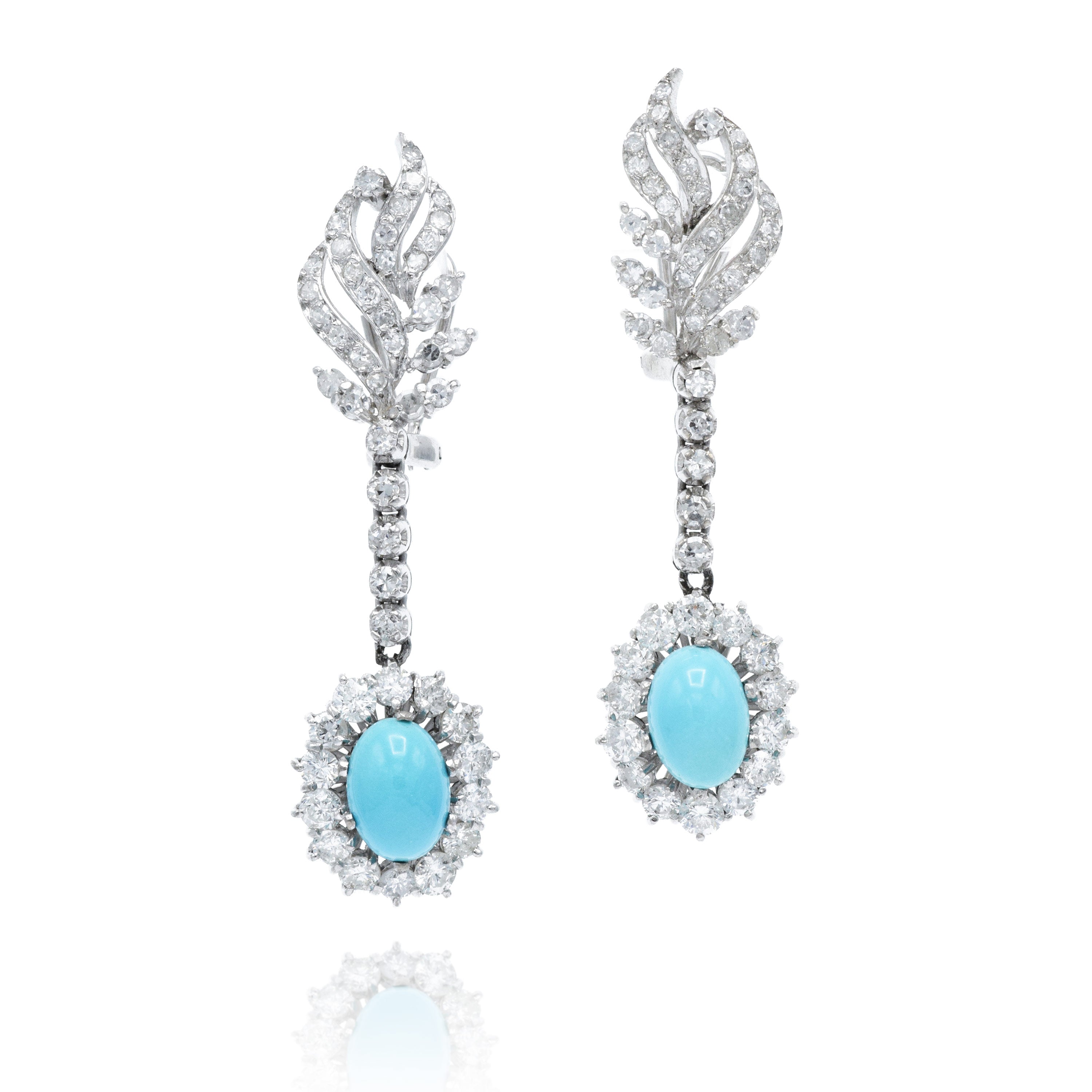 Estate 14KT White Gold Turquoise And Diamond Earrings