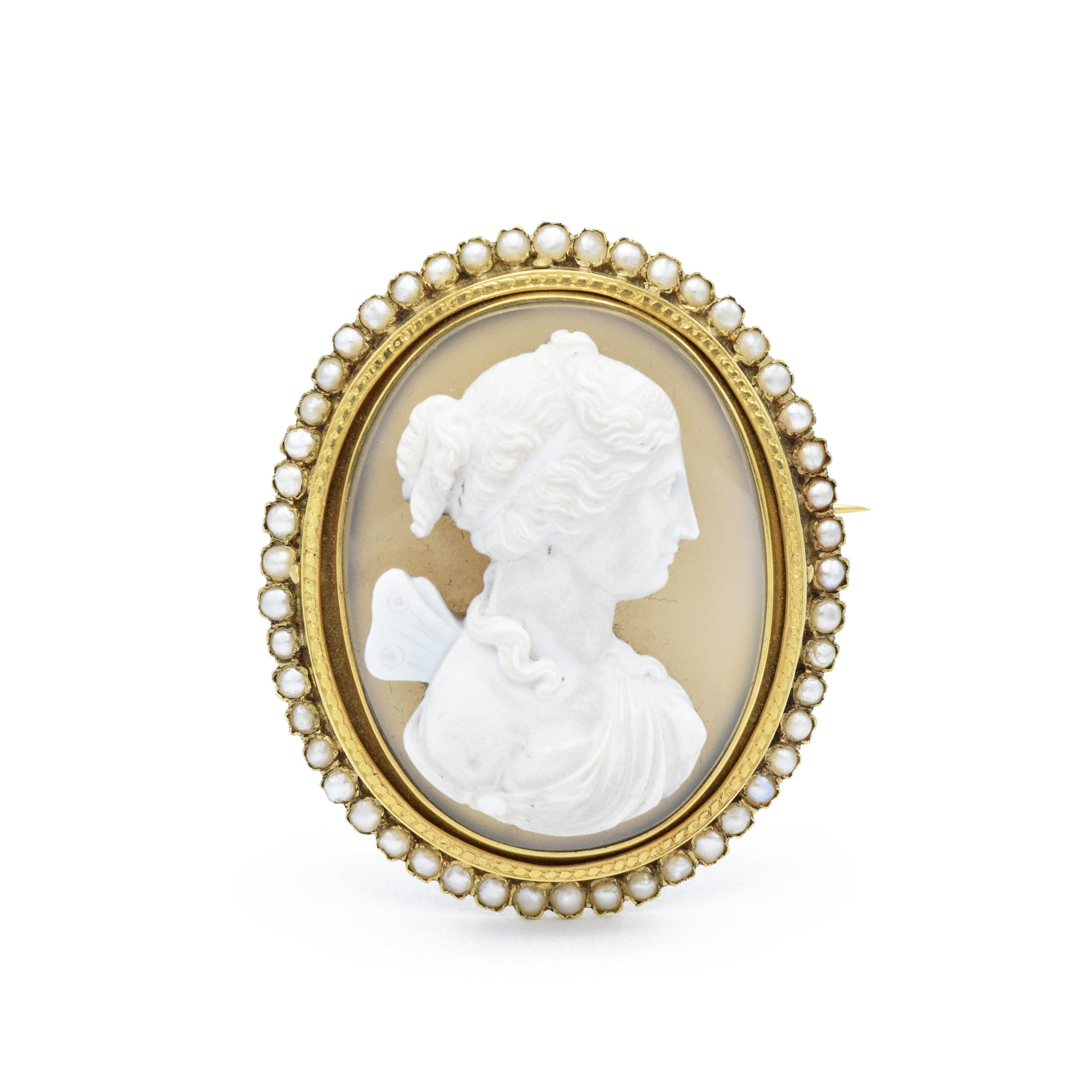 18KT Yellow Gold Victorian Era Carved Agate Cameo Brooch With Pearls