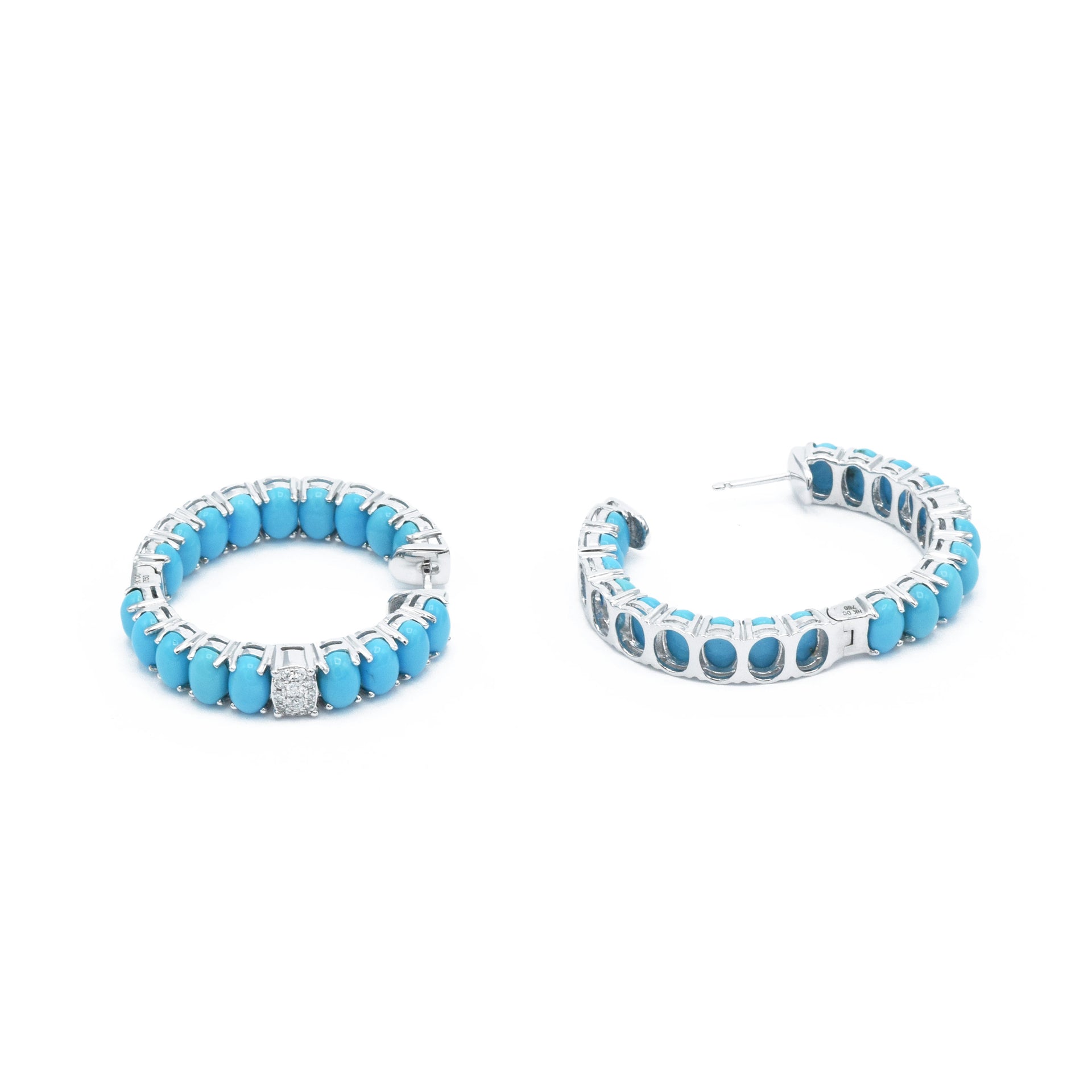 18kt White Gold Turquoise Hoop Earrings with Diamonds