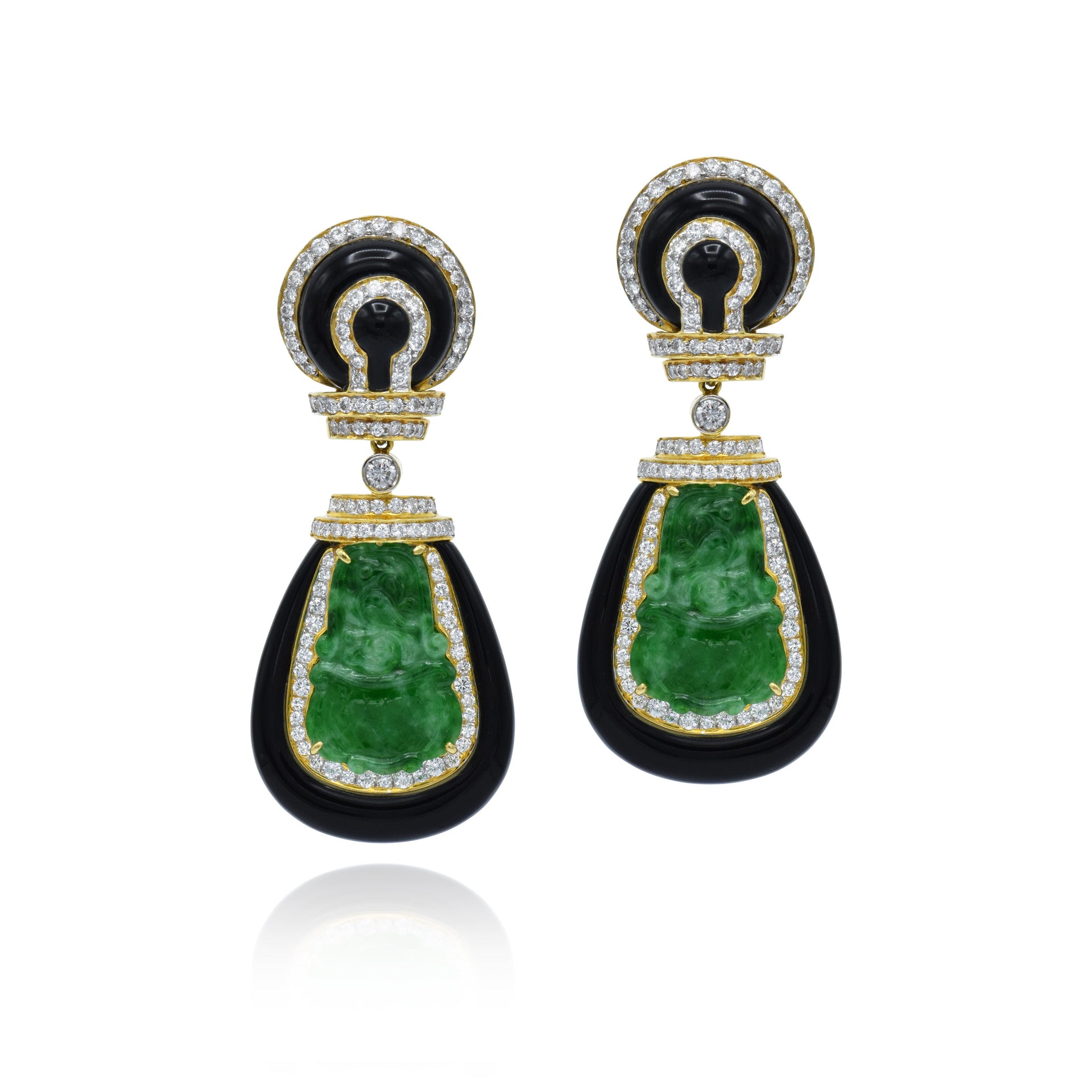 Estate 18kt Gold, Jade, and Onyx Earrings