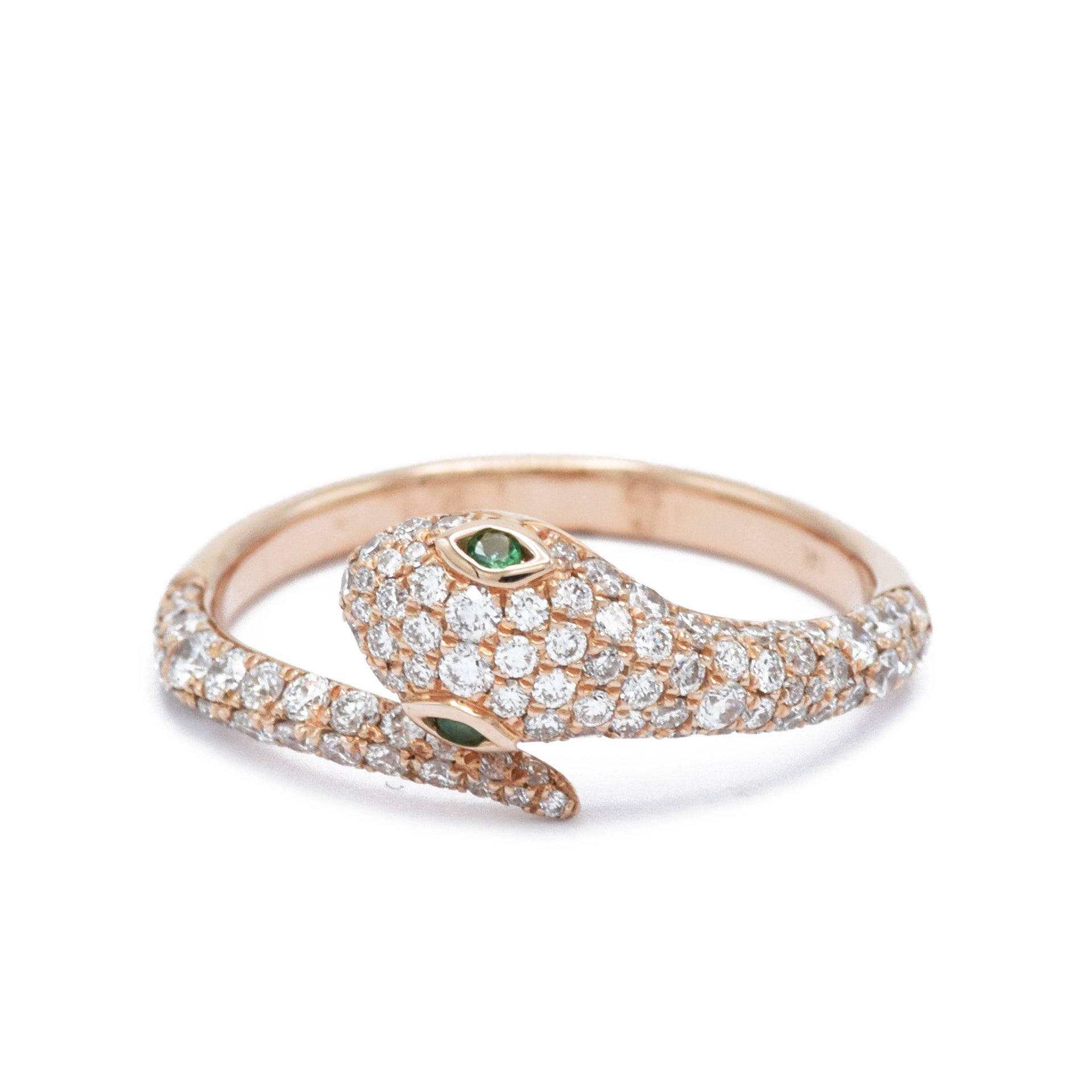 14KT Rose Gold Diamond Snake Ring With Emerald Eyes