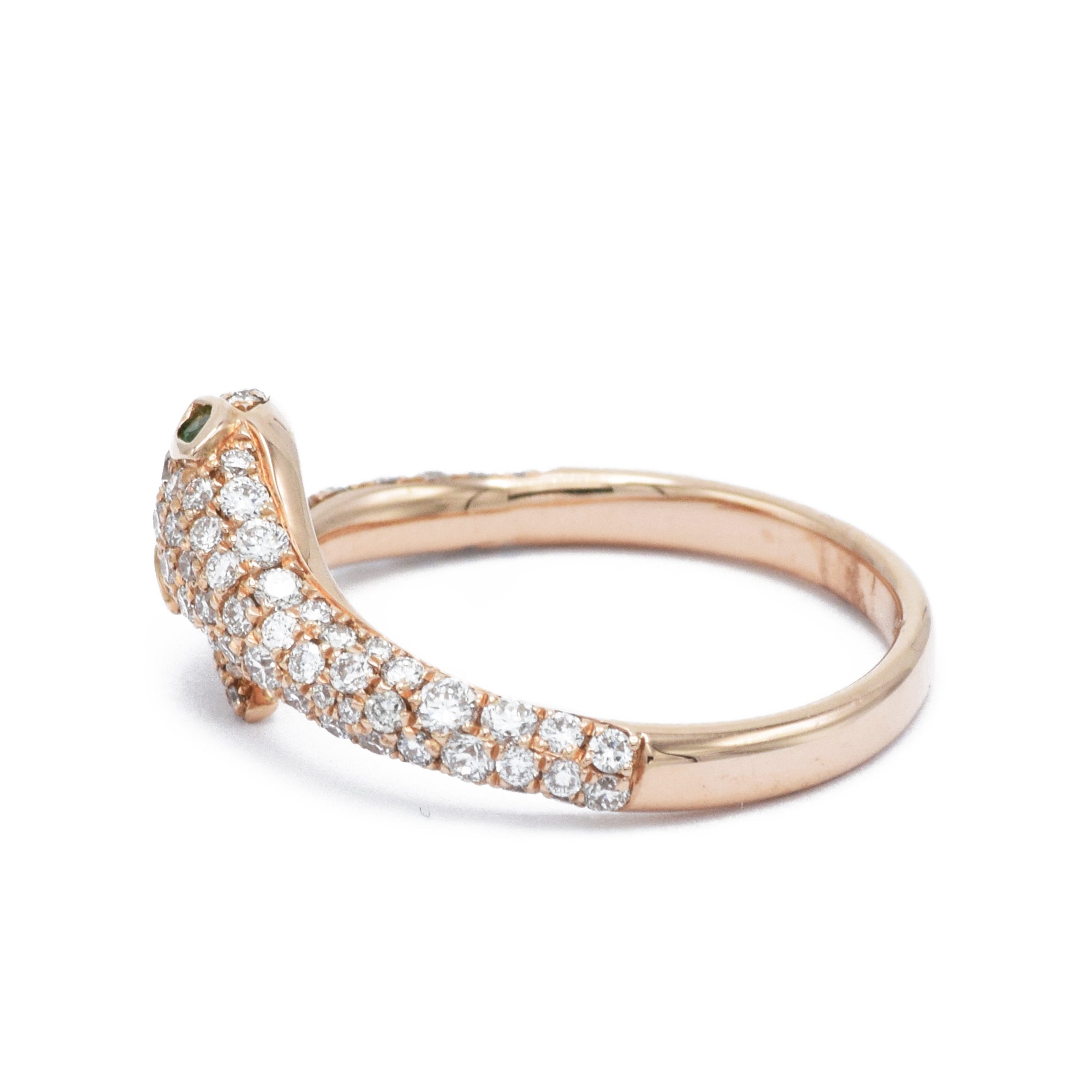Rose Gold Diamond Snake Ring With Emerald Eyes