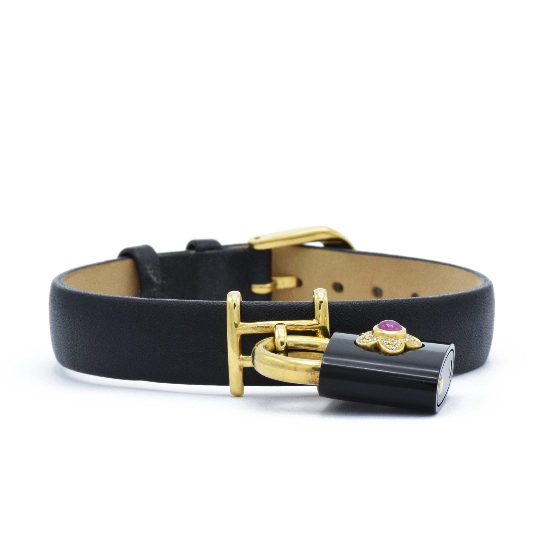Black Leather Bracelet with Black Agate Lock