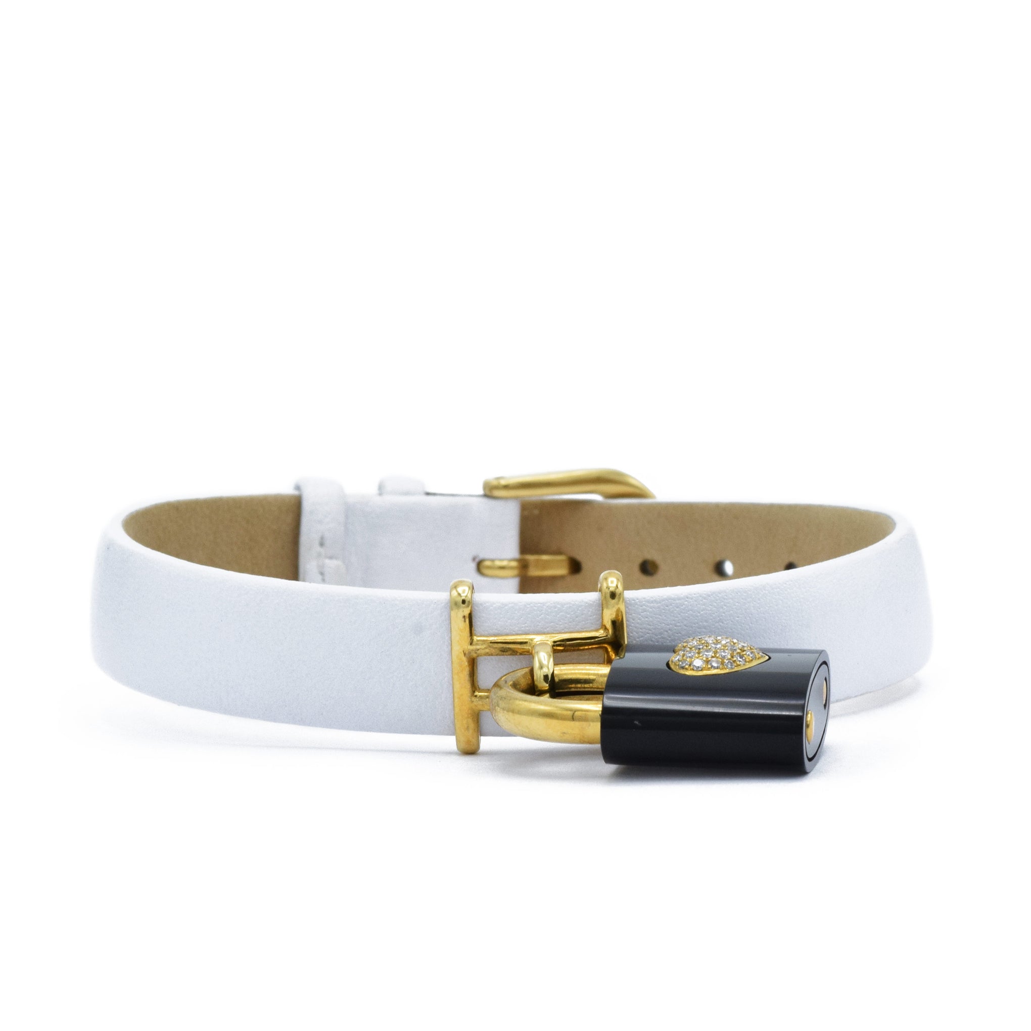 White Leather Bracelet with Black Agate Lock