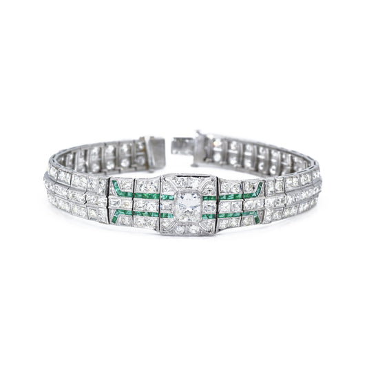 Estate 1920s Diamond Bracelet With Emeralds