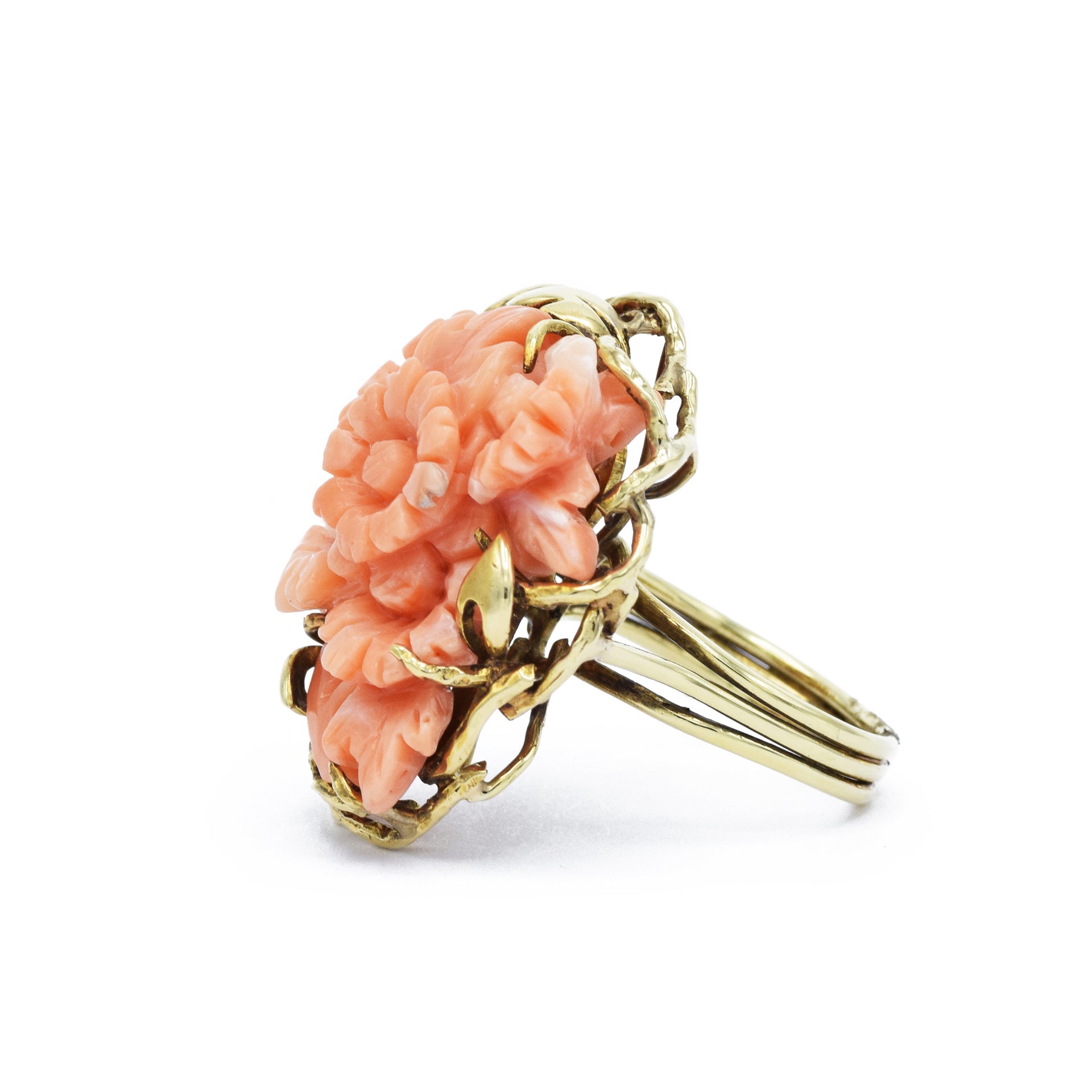 Estate Yellow Gold, Handmade Carved Coral Ring