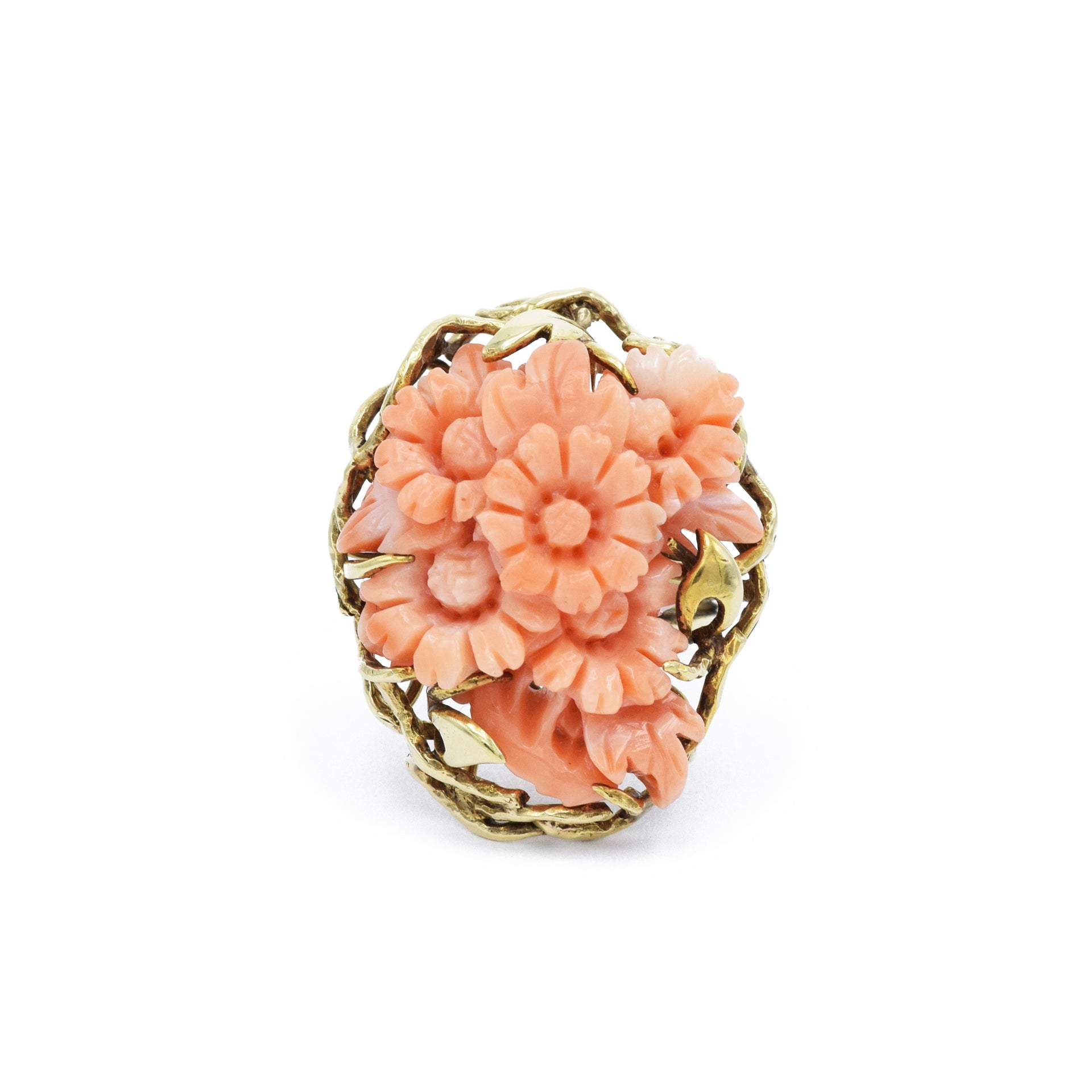 Estate Yellow Gold, Handmade Carved Coral Ring