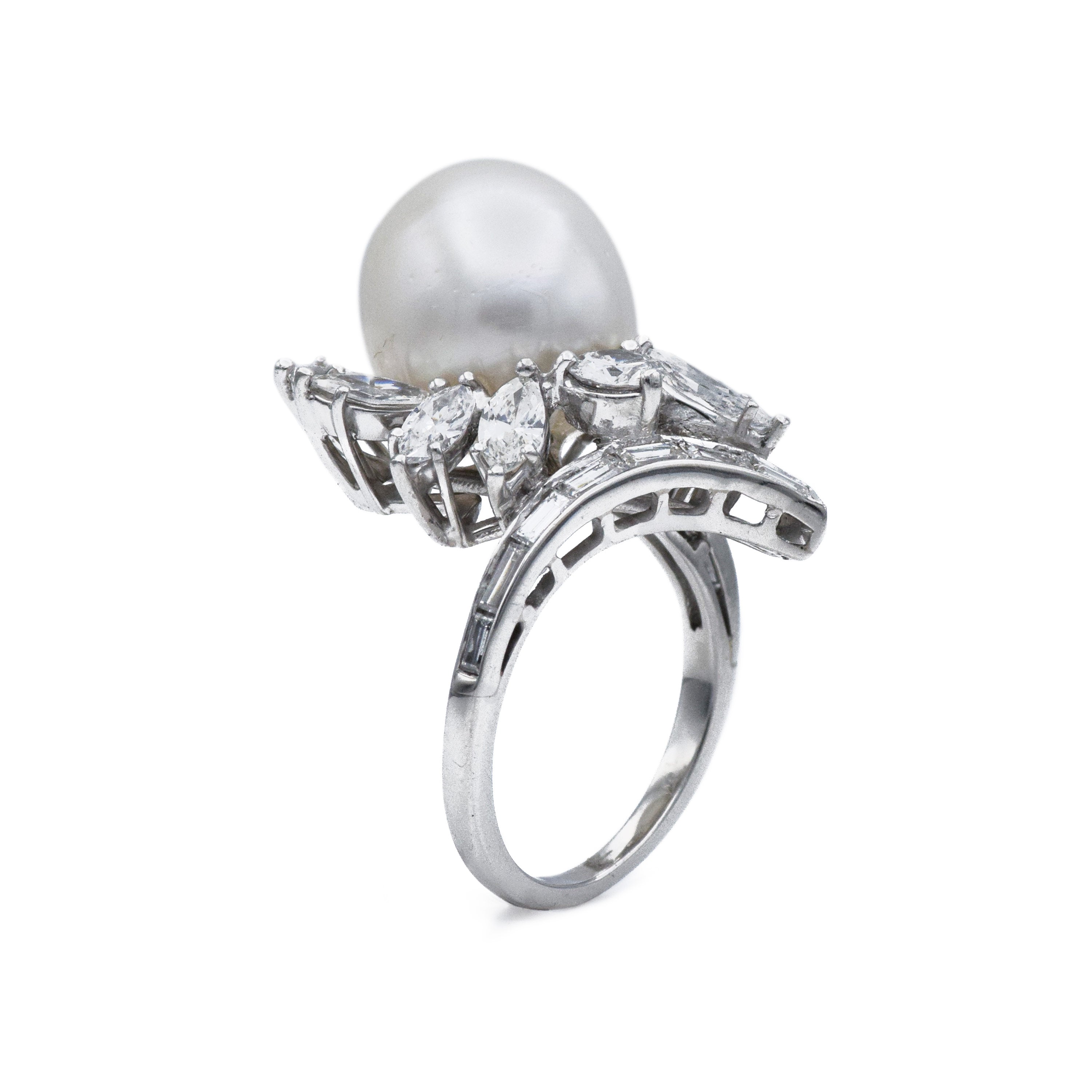 Estate Platinum 13.5mm South Sea Pearl Diamond Cocktail Ring