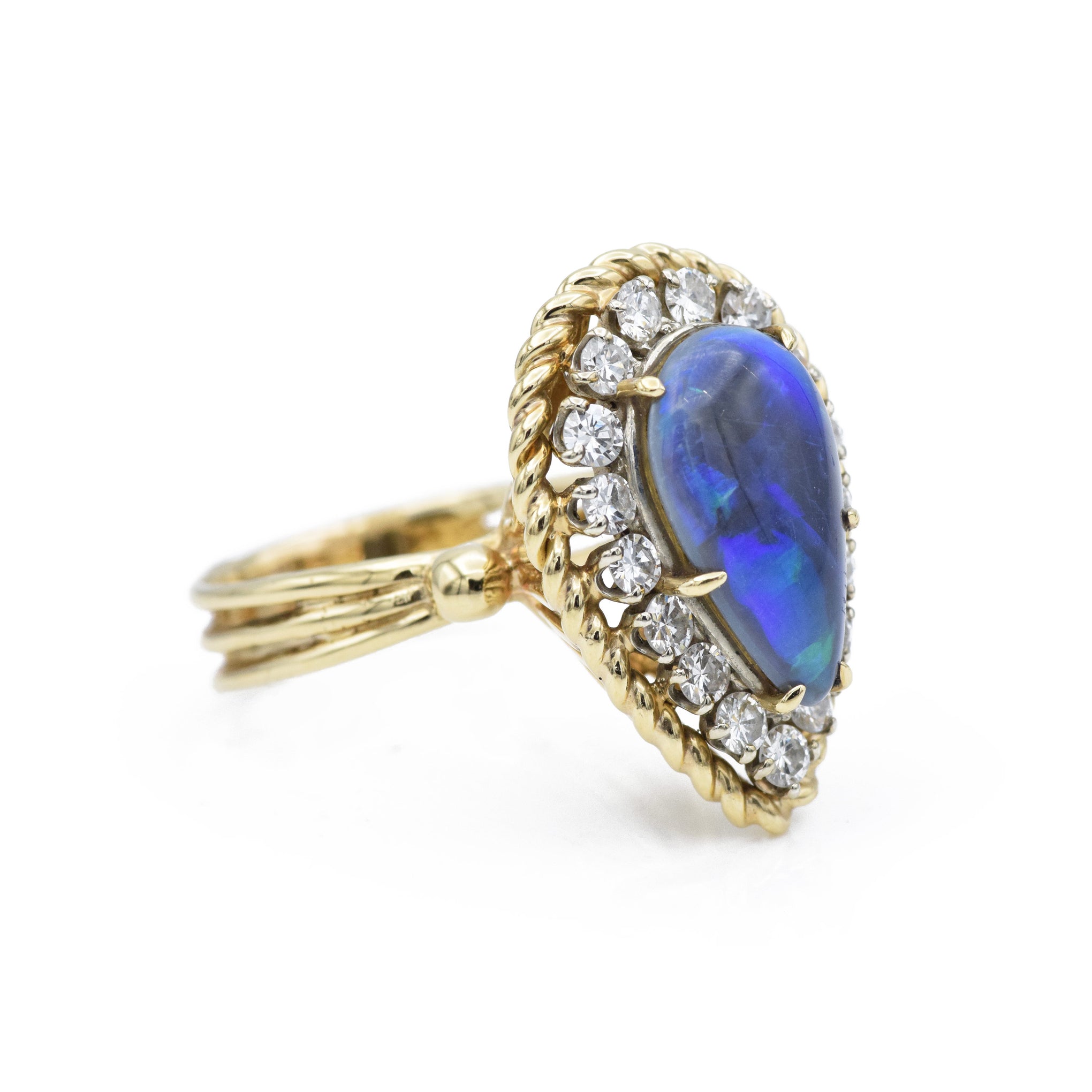 Vintage Gold & Pear Shaped Boulder Black Opal Ring with Diamonds