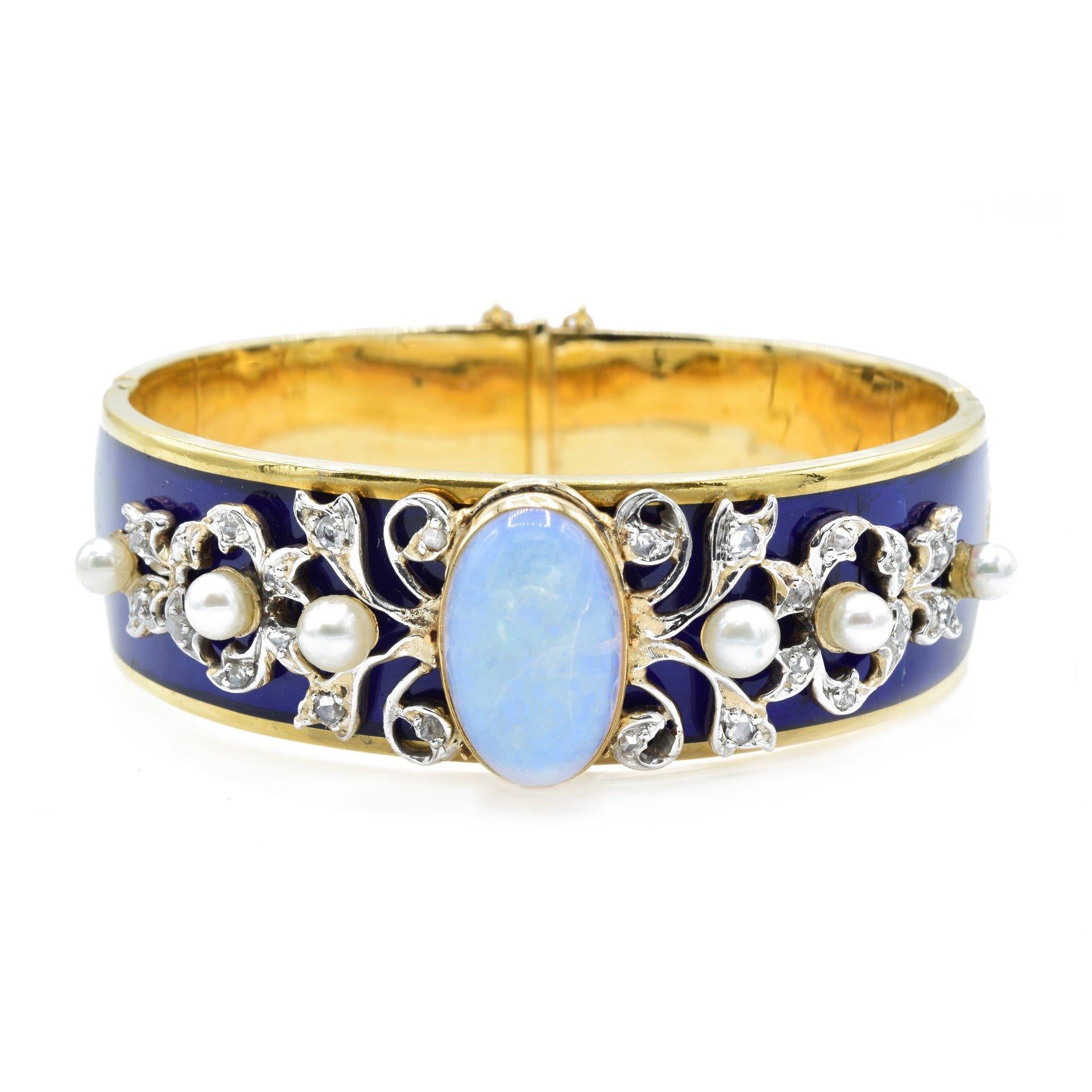 Antique 22KT Yellow Gold Opal Enamel Diamond And Pearl Bangle