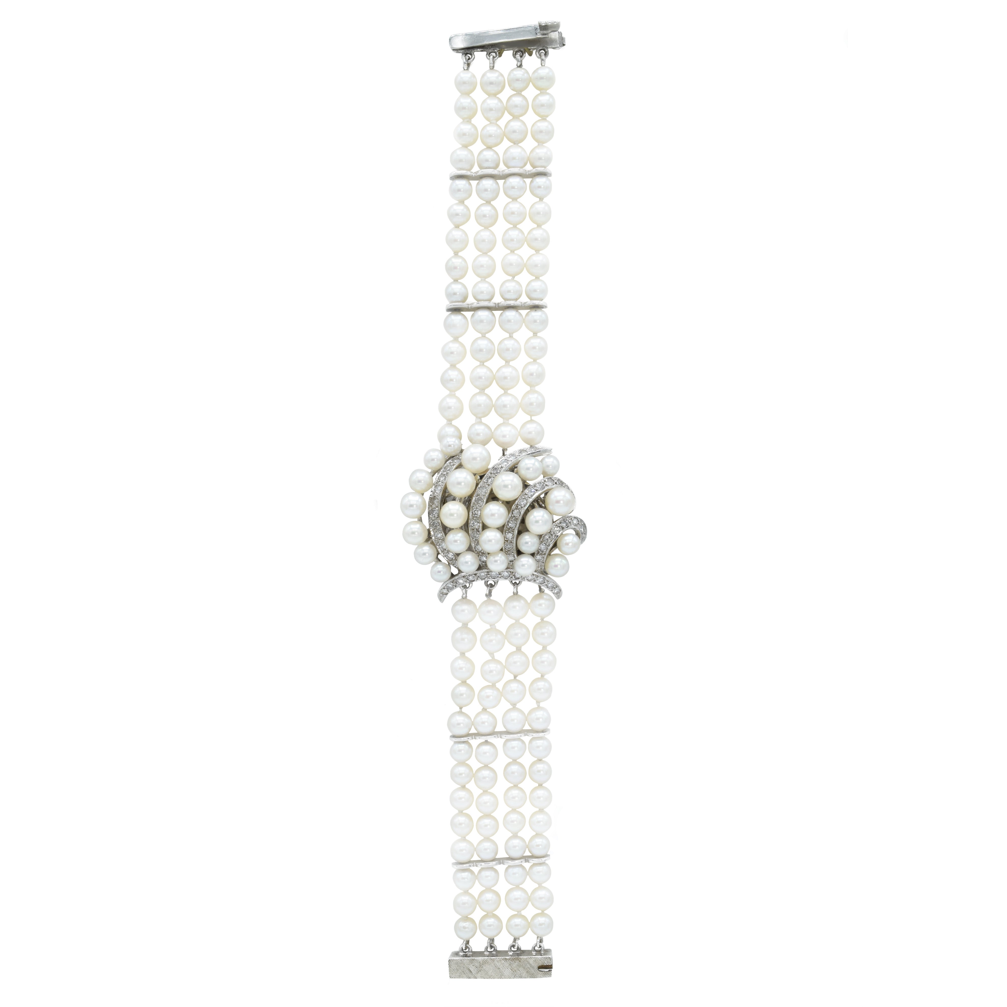 Estate 1960s 14KT White Gold Pearl And Diamond Watch Bracelet