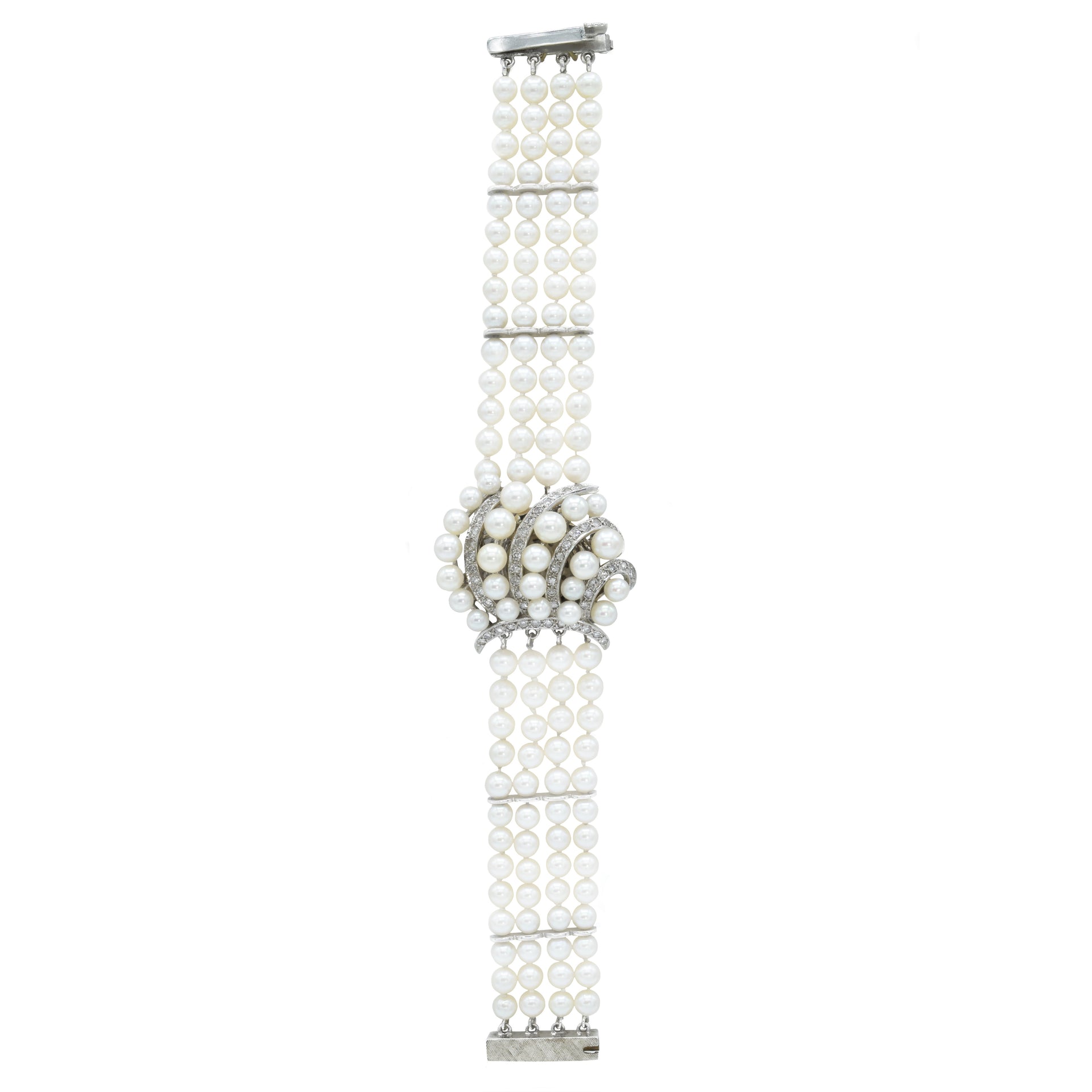 Estate 14KT White Gold Pearl And Diamond Watch Bracelet