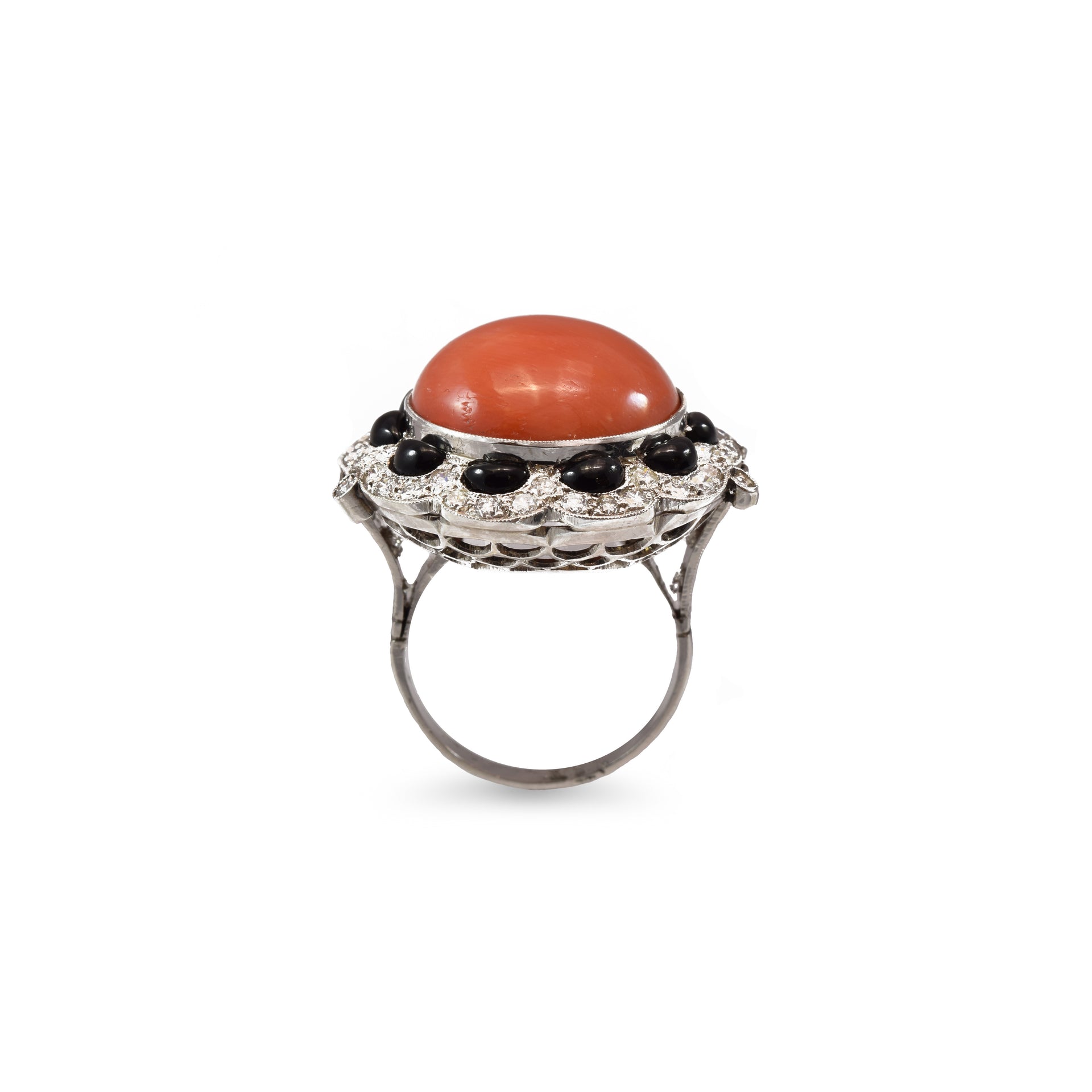 Estate Platinum and Coral Ring with 1.75ct Diamonds and Black Onyx