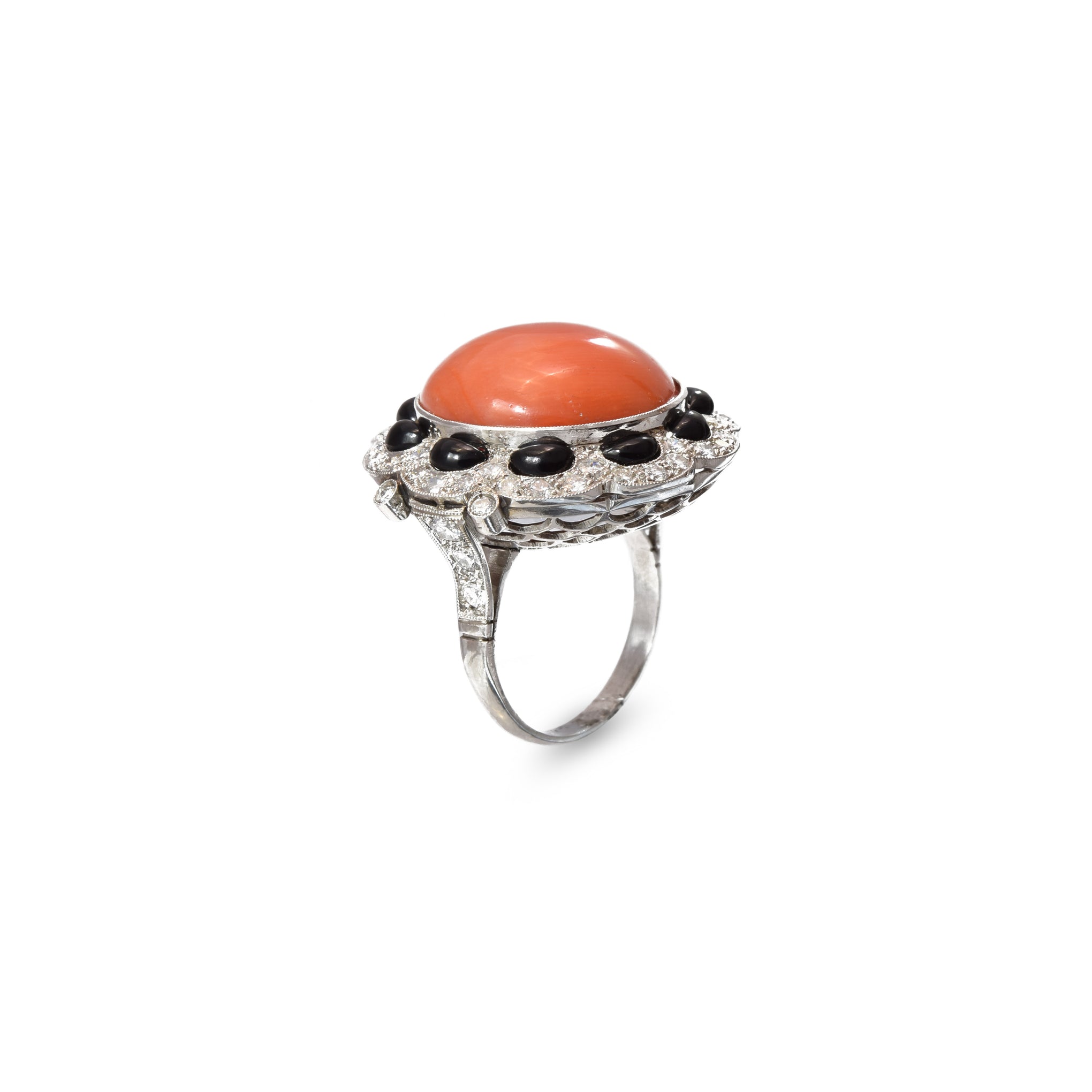 Estate Platinum and Coral Ring with 1.75ct Diamonds and Black Onyx