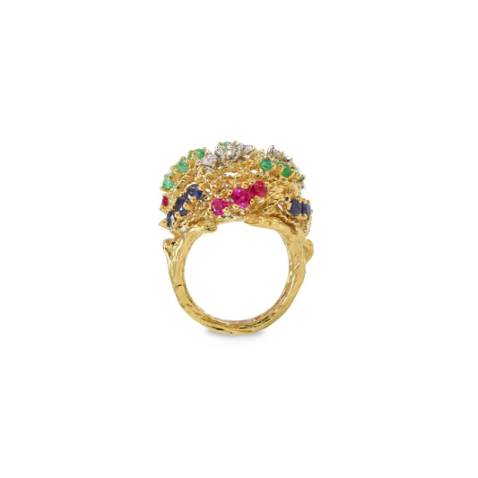 Estate 18kt Gold Ring with Diamond, Ruby, Sapphire and Emerald