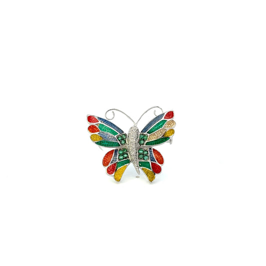 18KT White Gold Round Cut Diamond And Emerald Butterfly Pin