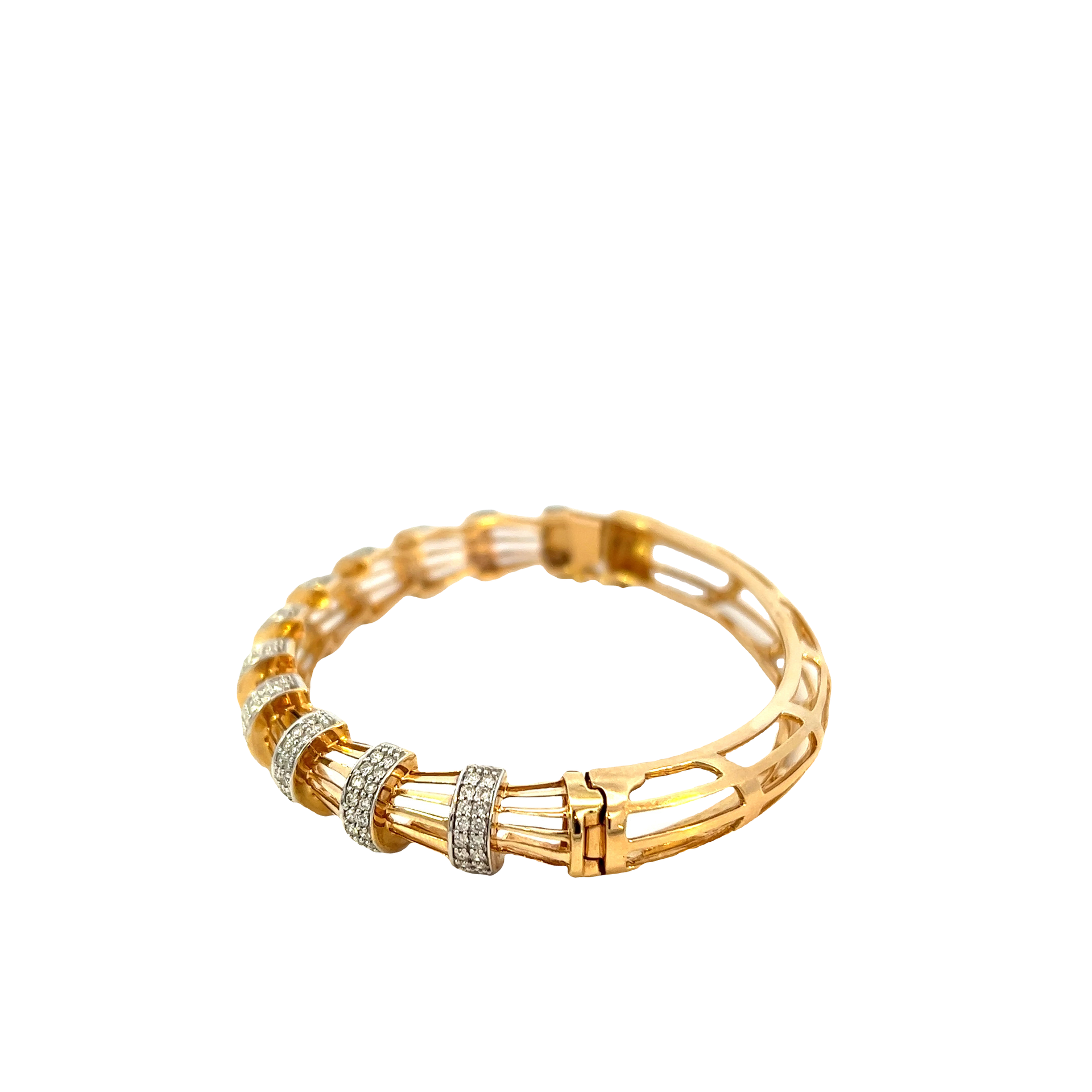 14KT Yellow Gold With Round Cut Diamonds Fluted Design Bangle
