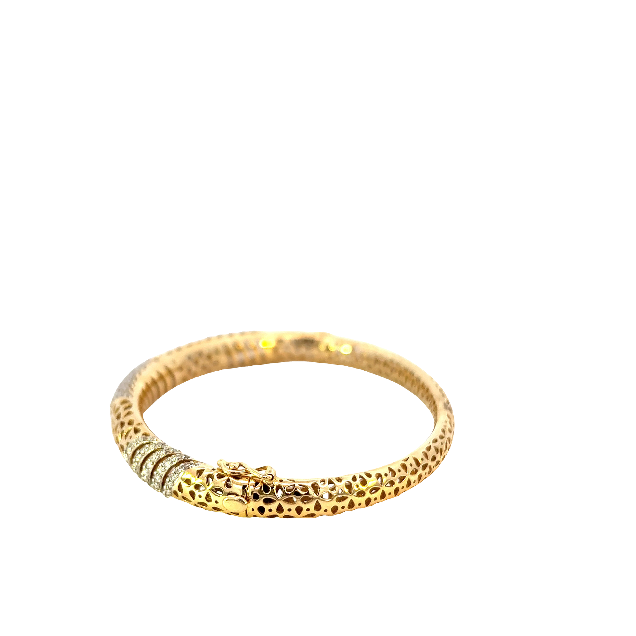 14KT Yellow Gold With Round Cut Diamonds Swirl Design With Eyelet Detailing Bangle