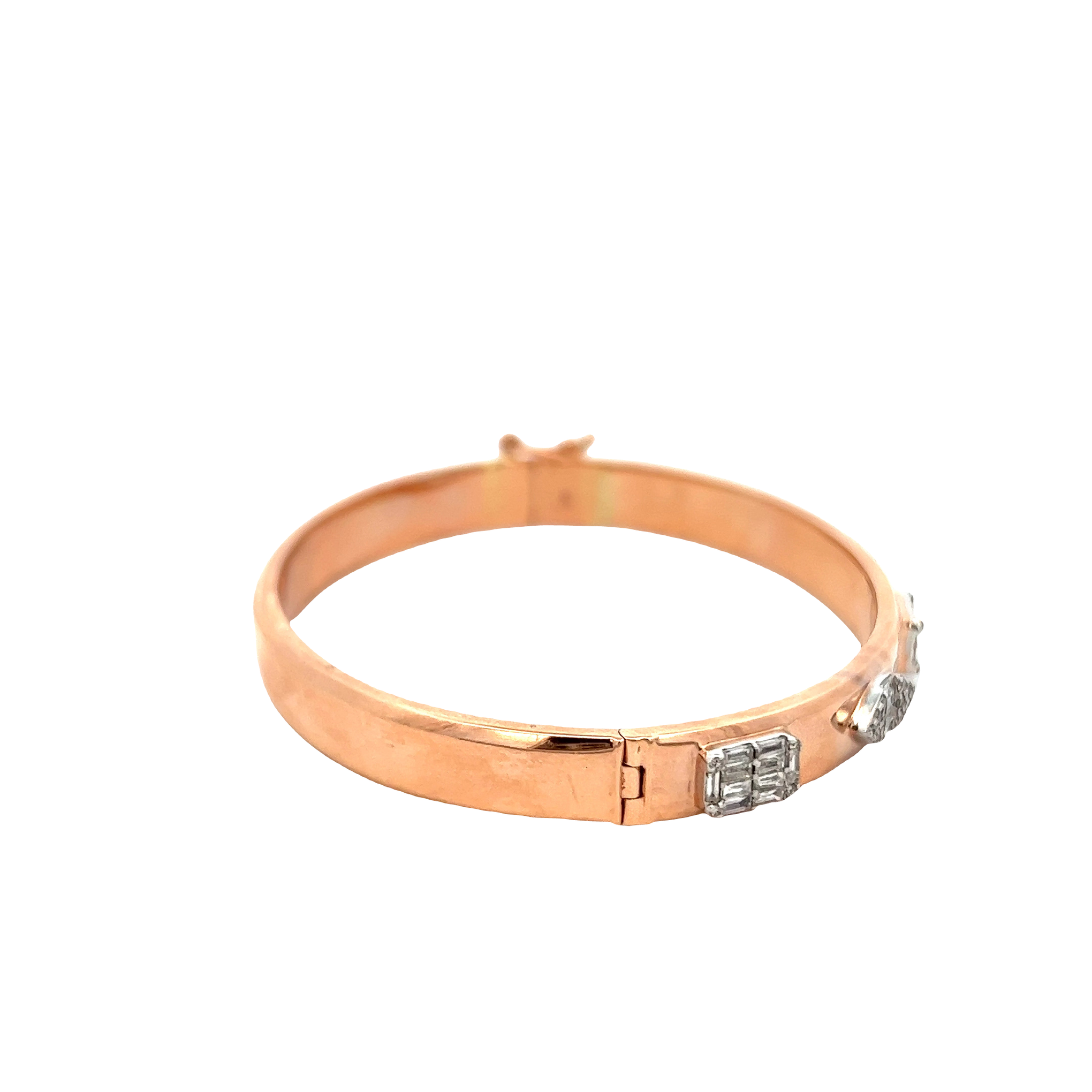 14KT ROSE GOLD WITH ROUND AND BAGUETTE CUT DIAMONDS ALTERNATING SHAPE BRACELET.