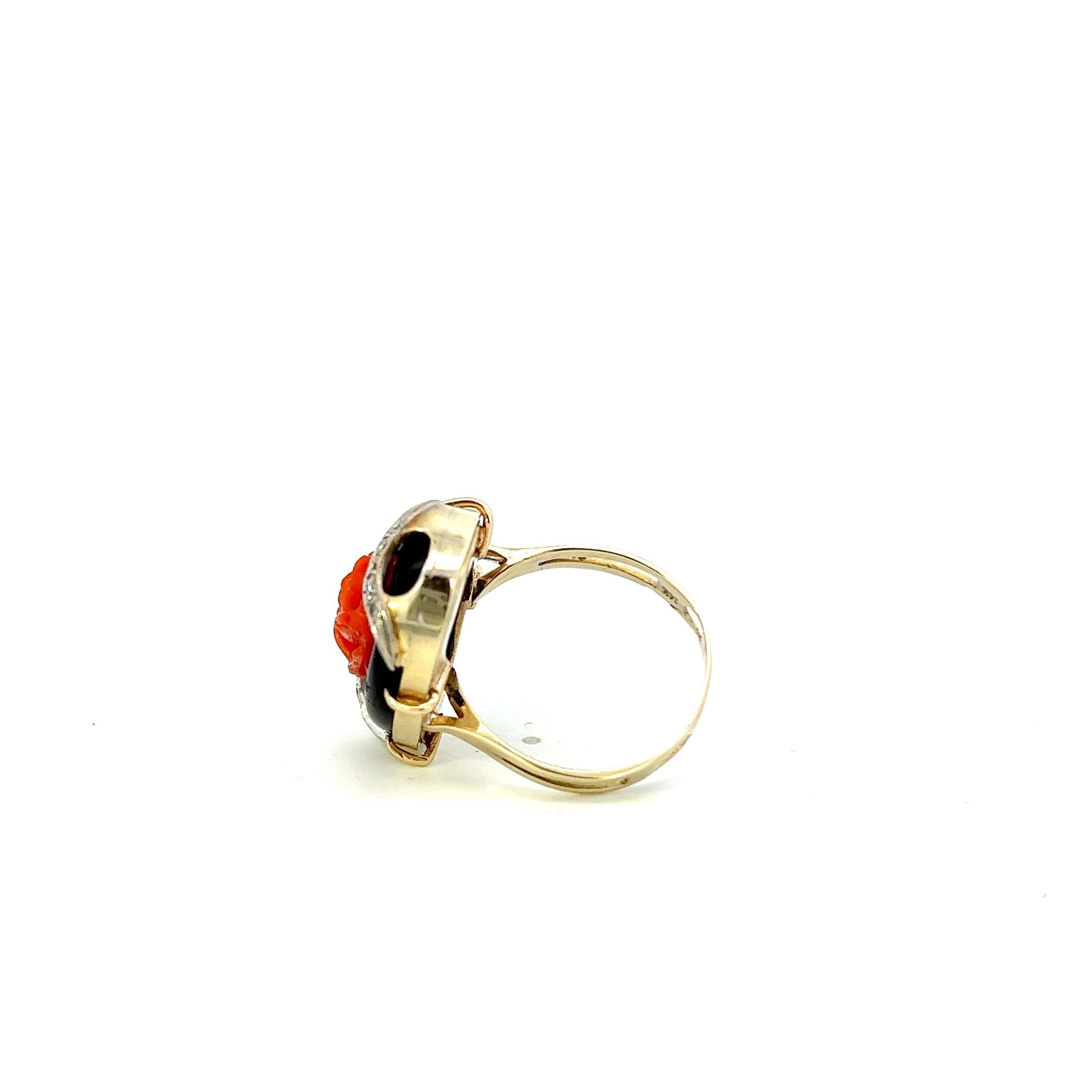 Estate Art Deco 14KT Two Tone Gold Black Onyx Red Coral And Diamond Ring
