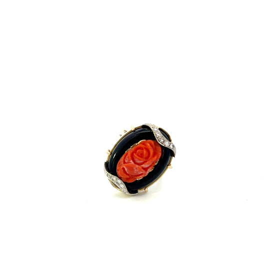 ART DECO BLACK ONYX, RED CORAL AND DIAMOND RING