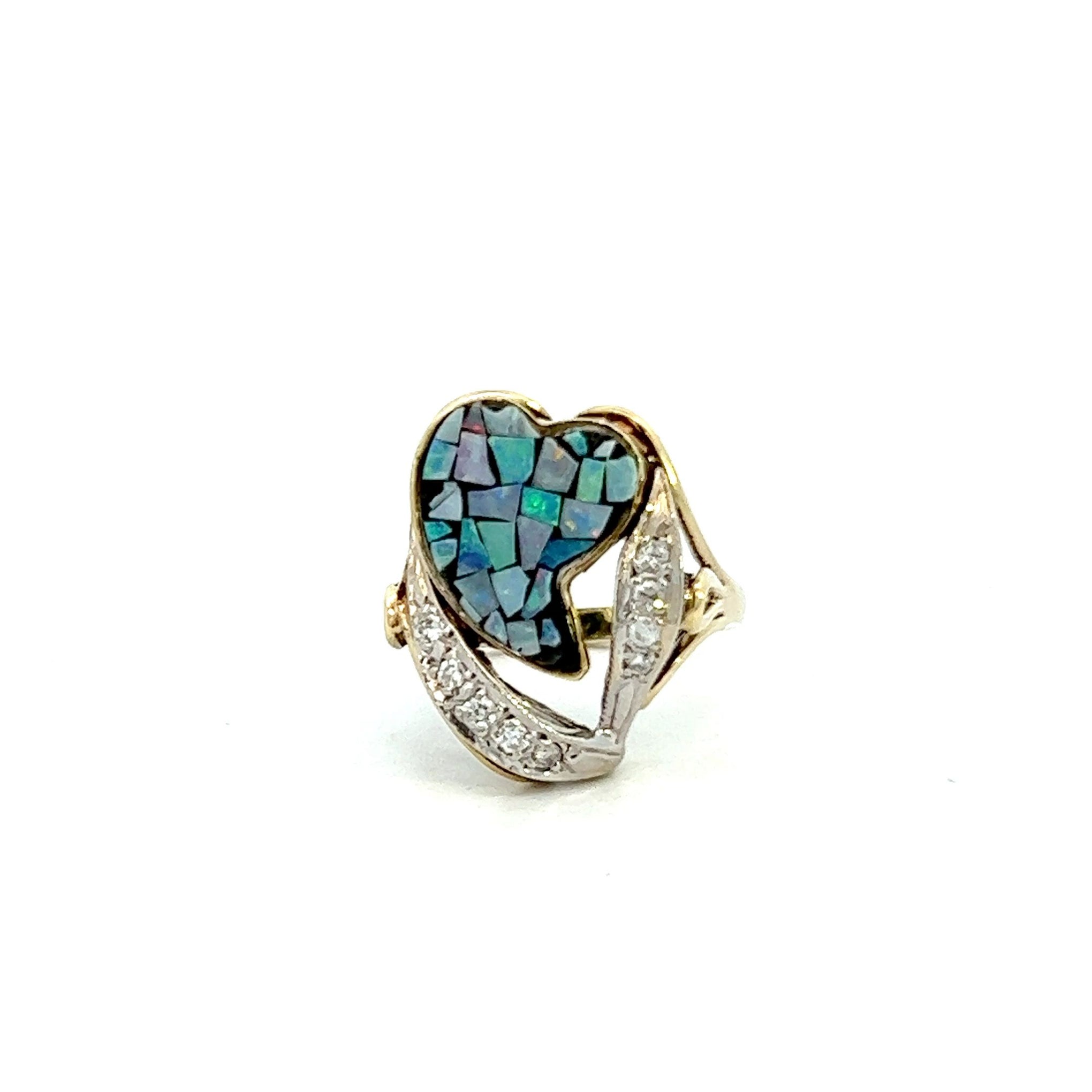 VINTAGE 1970'S MOSAIC OPAL AND DIAMOND HEART RING