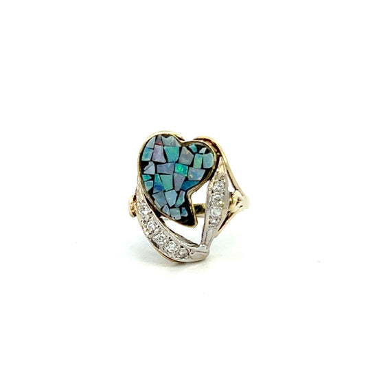 Vintage 1970s 14KT Yellow Gold Mosaic Opal And Diamond Heart Ring