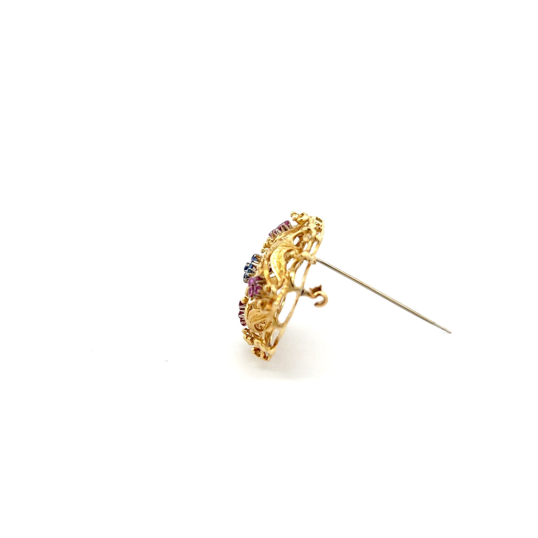 Rare Vintage Sapphire And Ruby Flower Leaf Pin