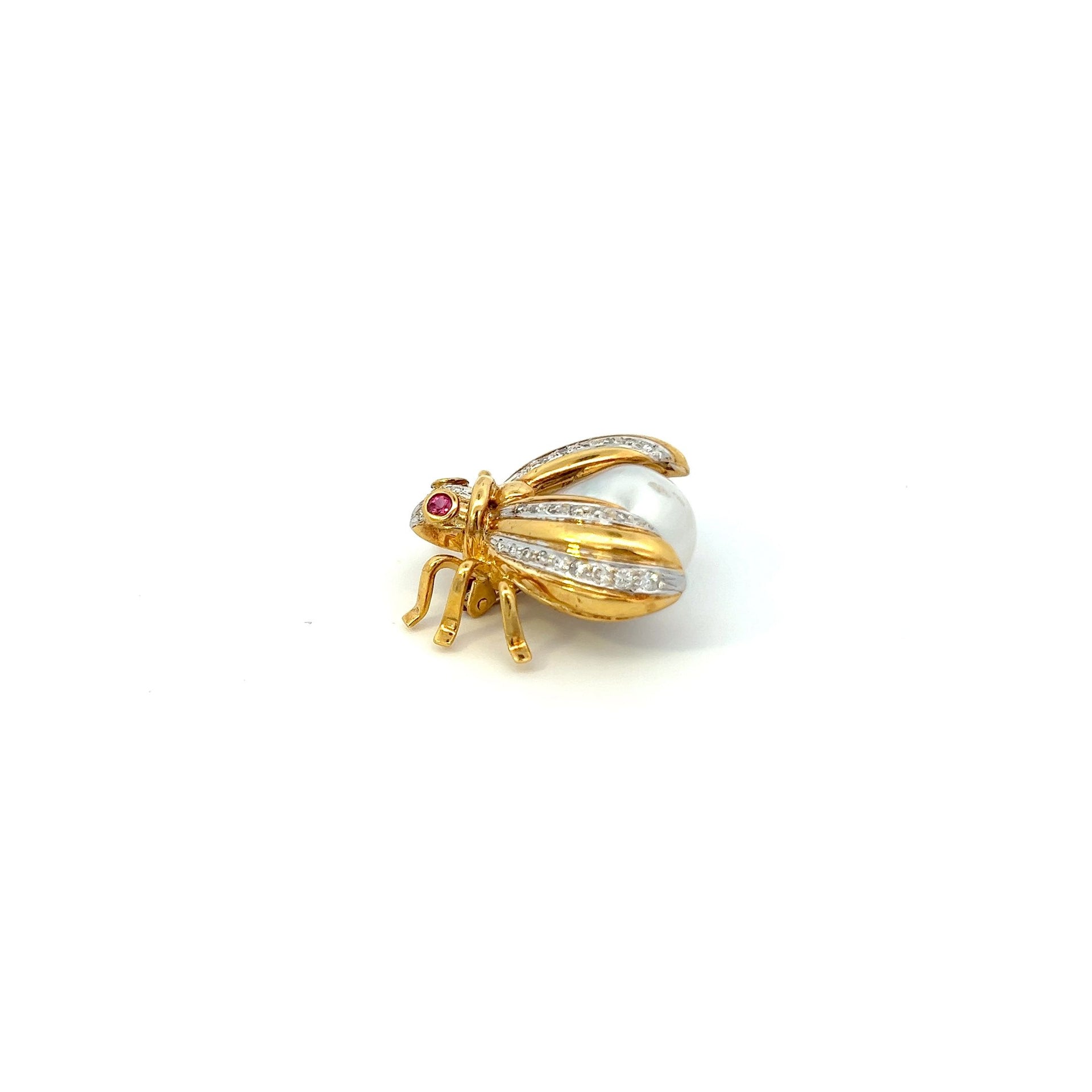 Estate Retro Period 18KT Yellow Gold Pearl and Diamond Fly Lapel Pin