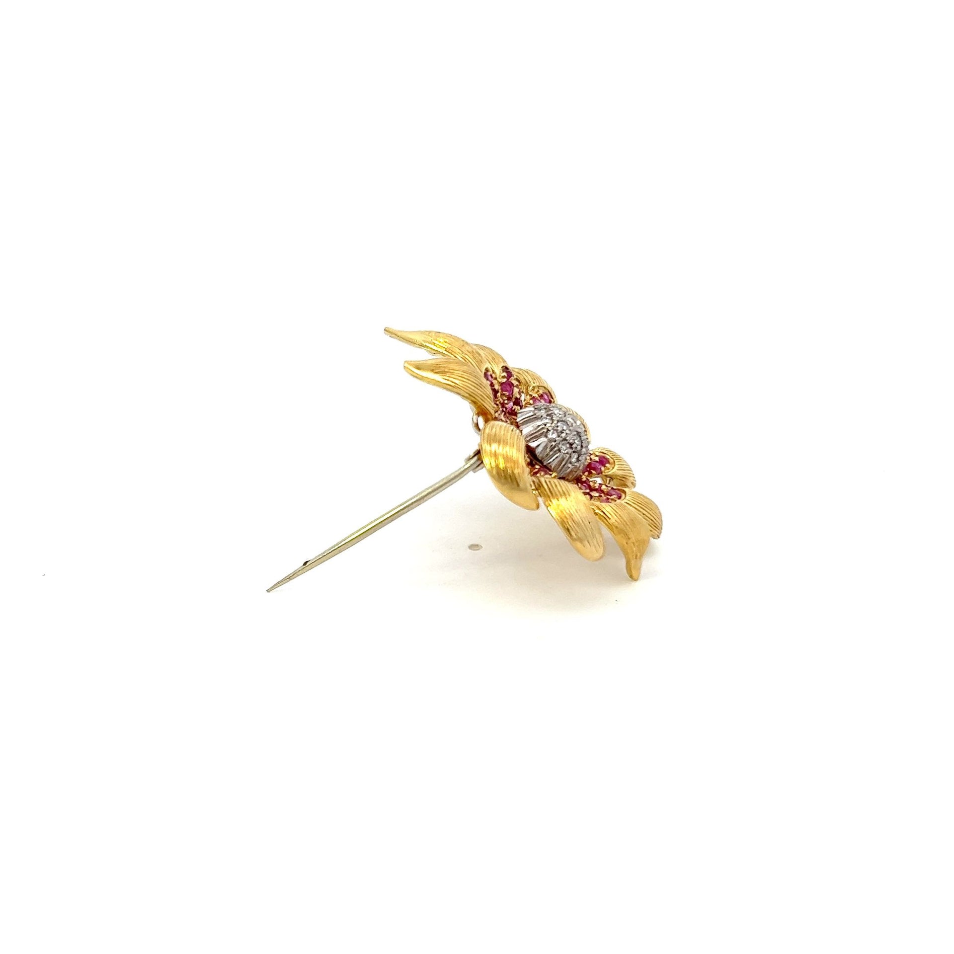 Rare Estate 18KT Yellow Gold Ruby And Diamond Pin