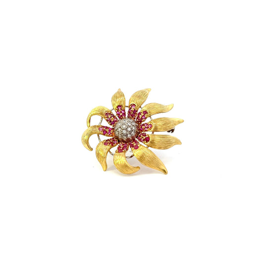 ESTATE RARE 18KT YELLOW GOLD RUBY AND DIAMOND PIN