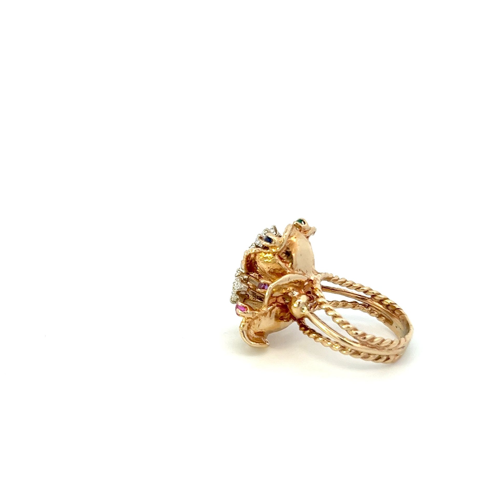 ESTATE 14KT YELLOW GOLD RETRO ERA FLORAL CLUSTER FLOATING DIAMOND AND MULTI COLOR GEM STONES RING.