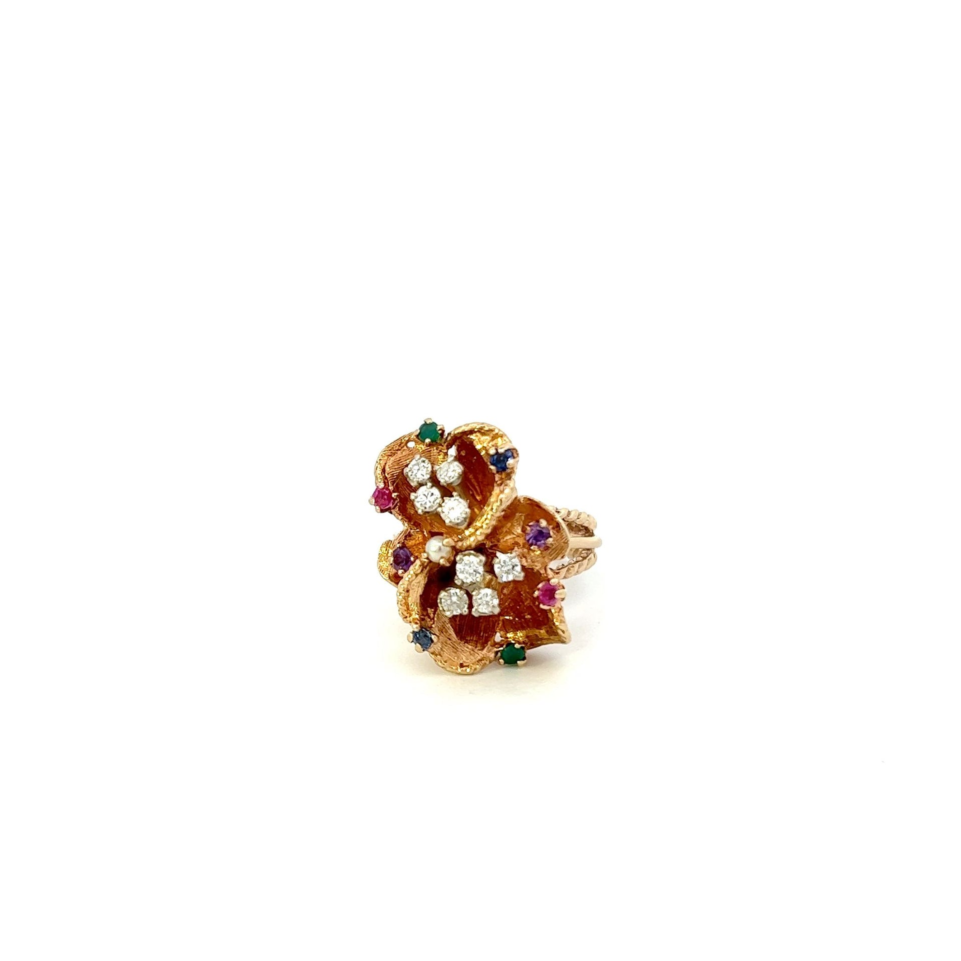 ESTATE 14KT YELLOW GOLD RETRO ERA FLORAL CLUSTER FLOATING DIAMOND AND MULTI COLOR GEM STONES RING.