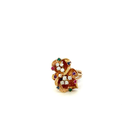 Estate 14KT Yellow Gold Retro Era Floral Cluster Floating Diamond And Multi-Color Gemstone Ring