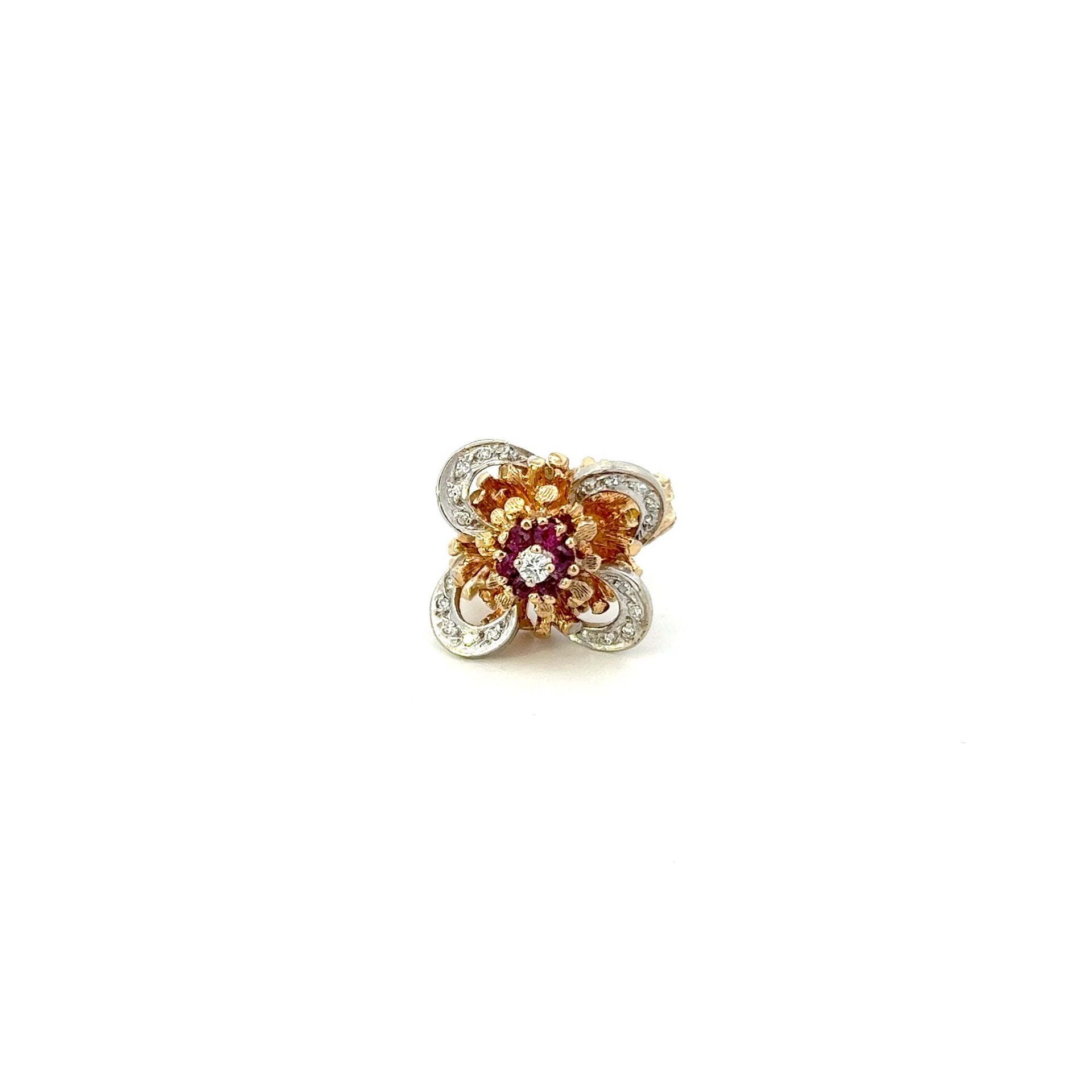 VINTAGE, 14KT ROUND CUT DIAMOND AND RUBY FANCY FLOWER RING.
