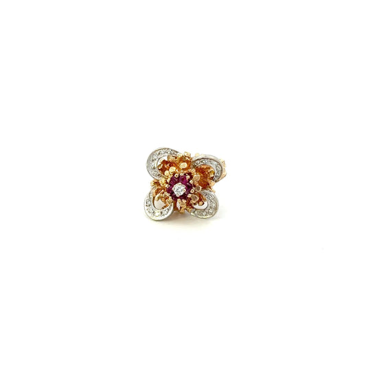 Vintage 14KT Diamond And Ruby Flower Ring