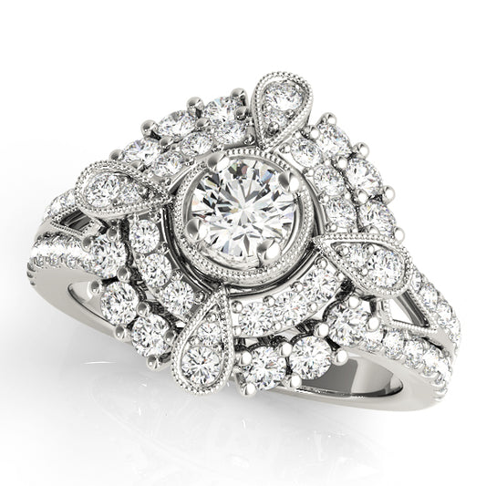 14K White Gold Vintage Round Shape Diamond Engagement Ring